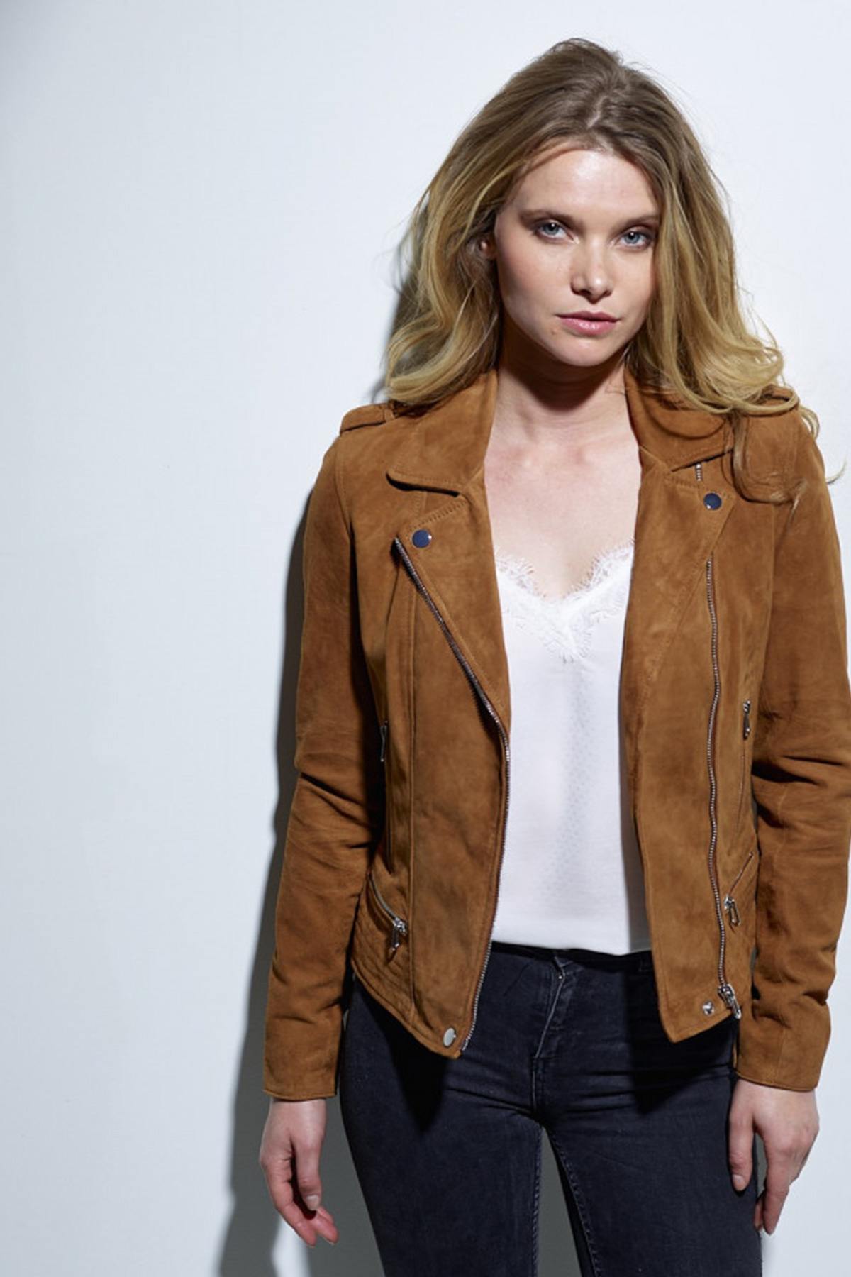 Biker style jacket in cognac suede goatskin - Image n°1