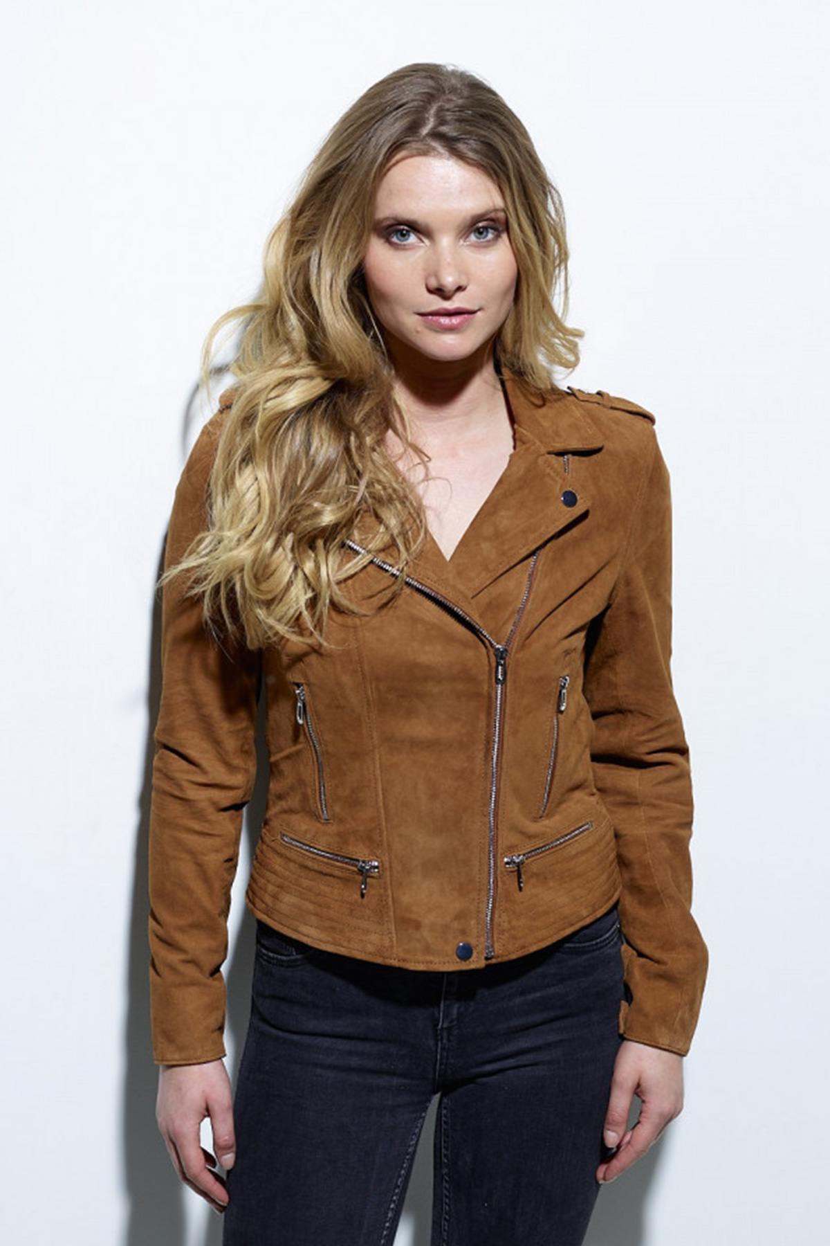 Biker style jacket in cognac suede goatskin - Image n°4