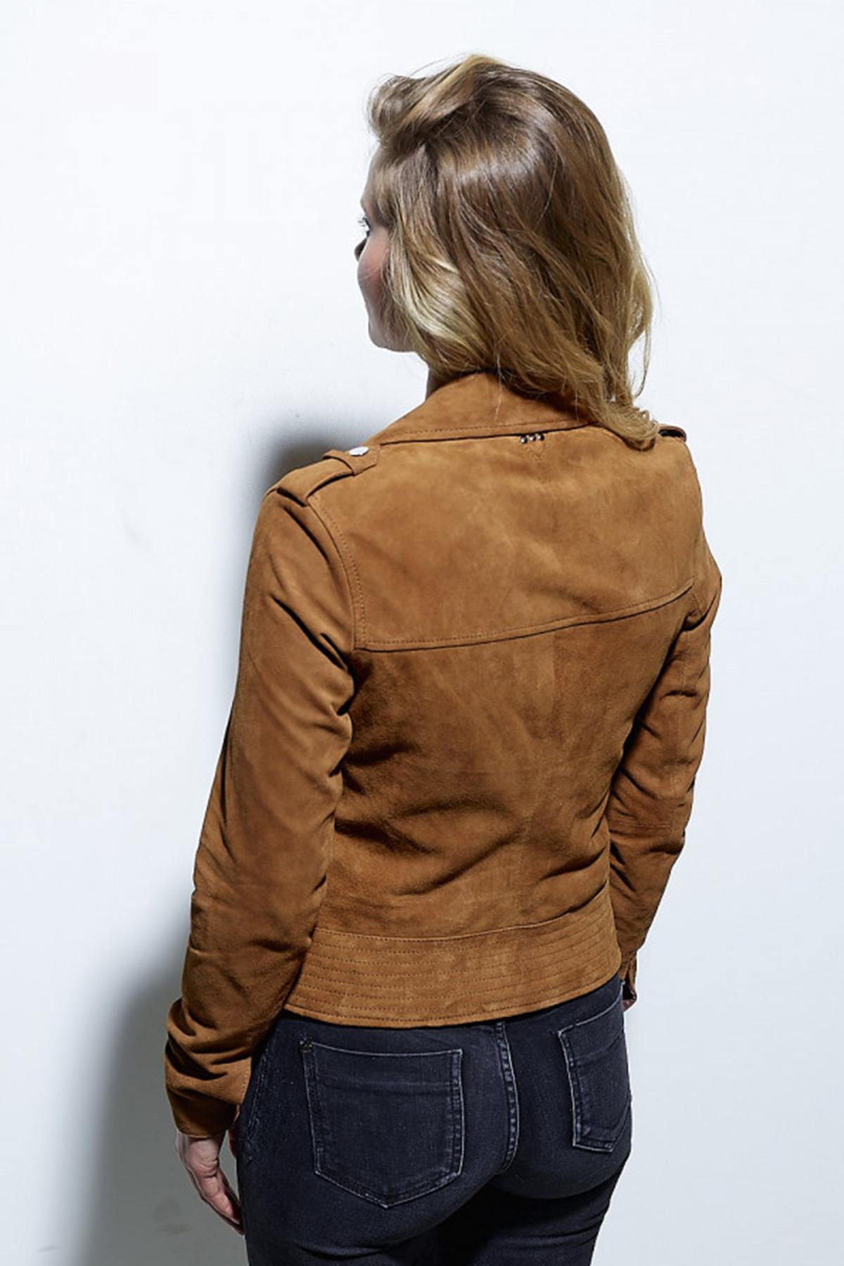 Biker style jacket in cognac suede goatskin - Image n°3