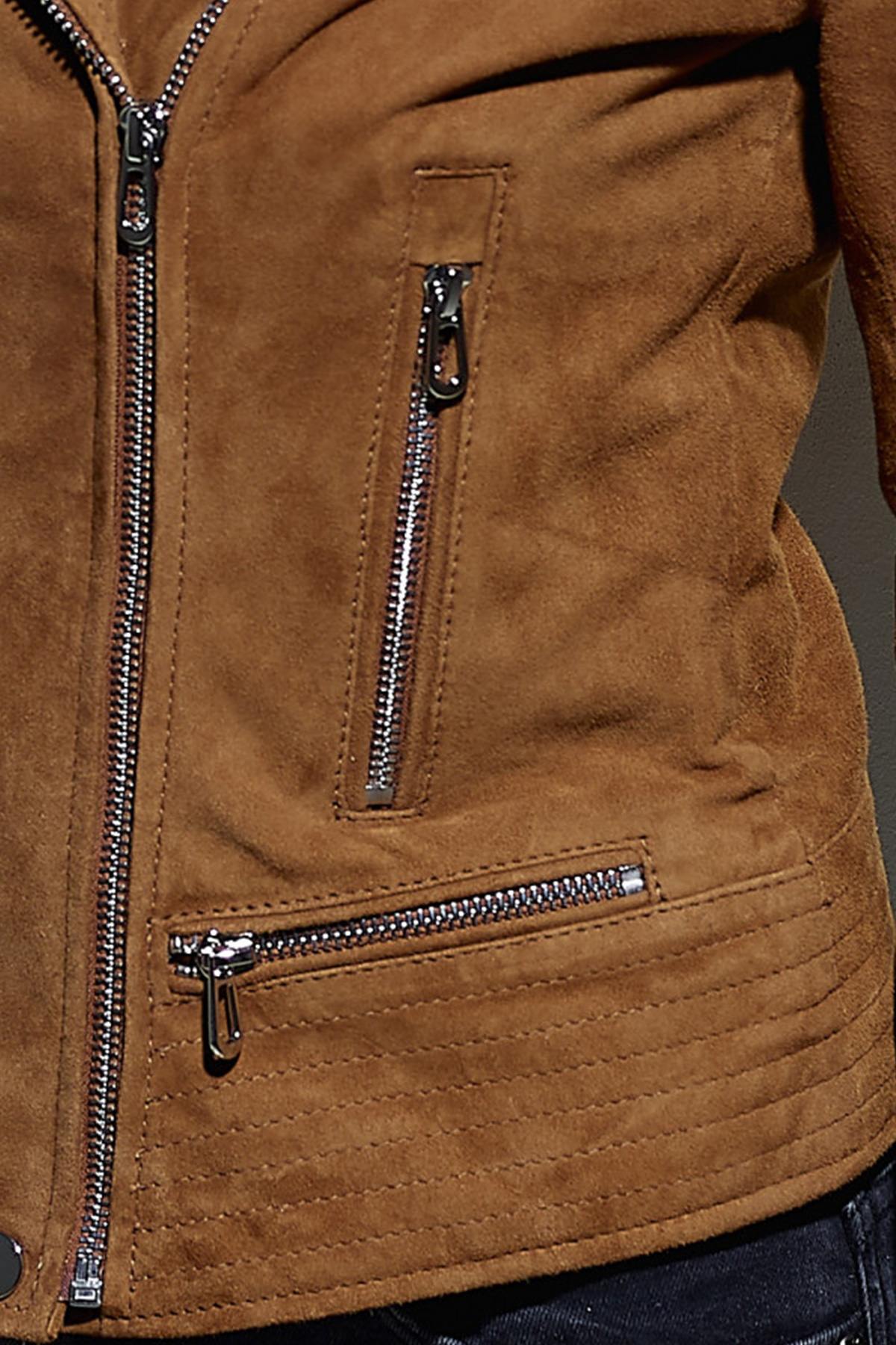 Biker style jacket in cognac suede goatskin - Image n°5