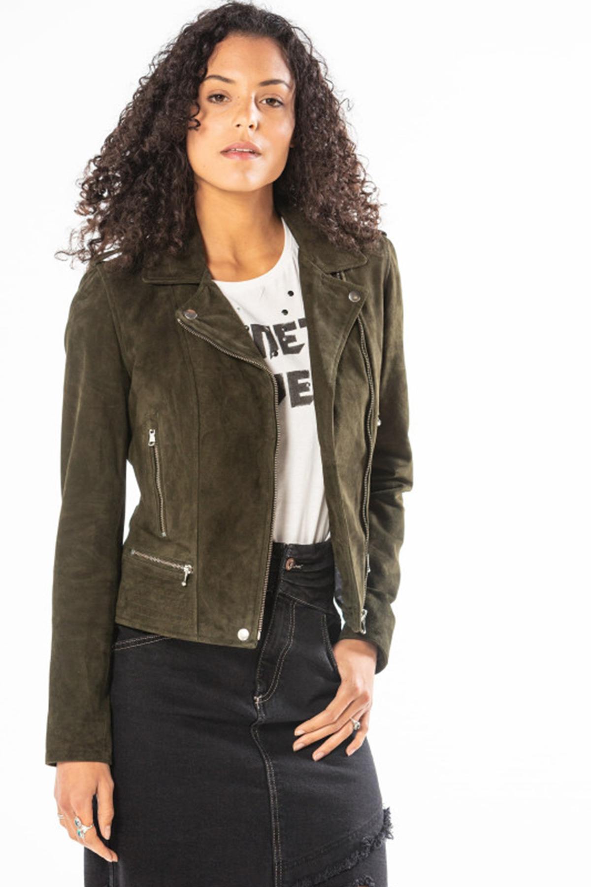 Perfecto type jacket in khaki suede leather - Image n°1