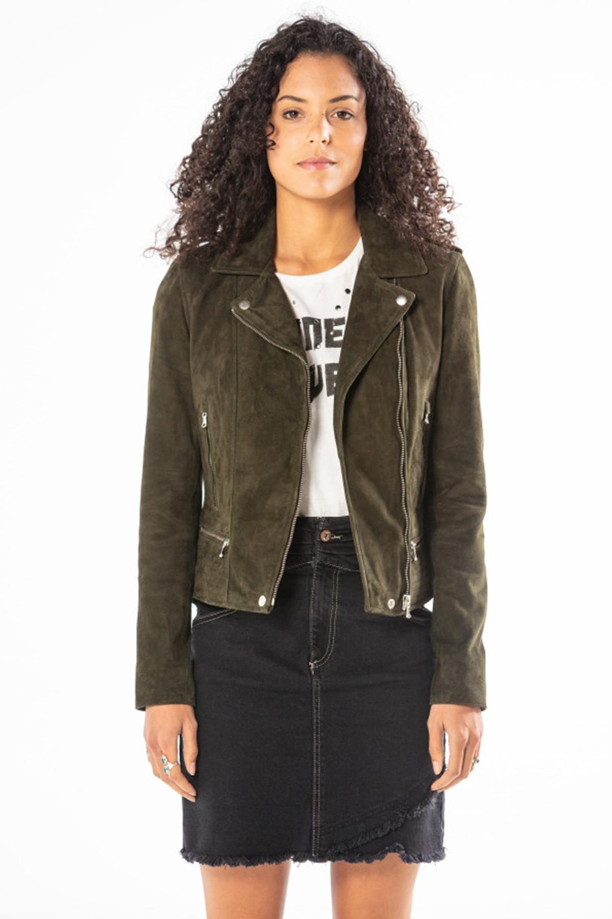 Perfecto type jacket in khaki suede leather - Image n°6