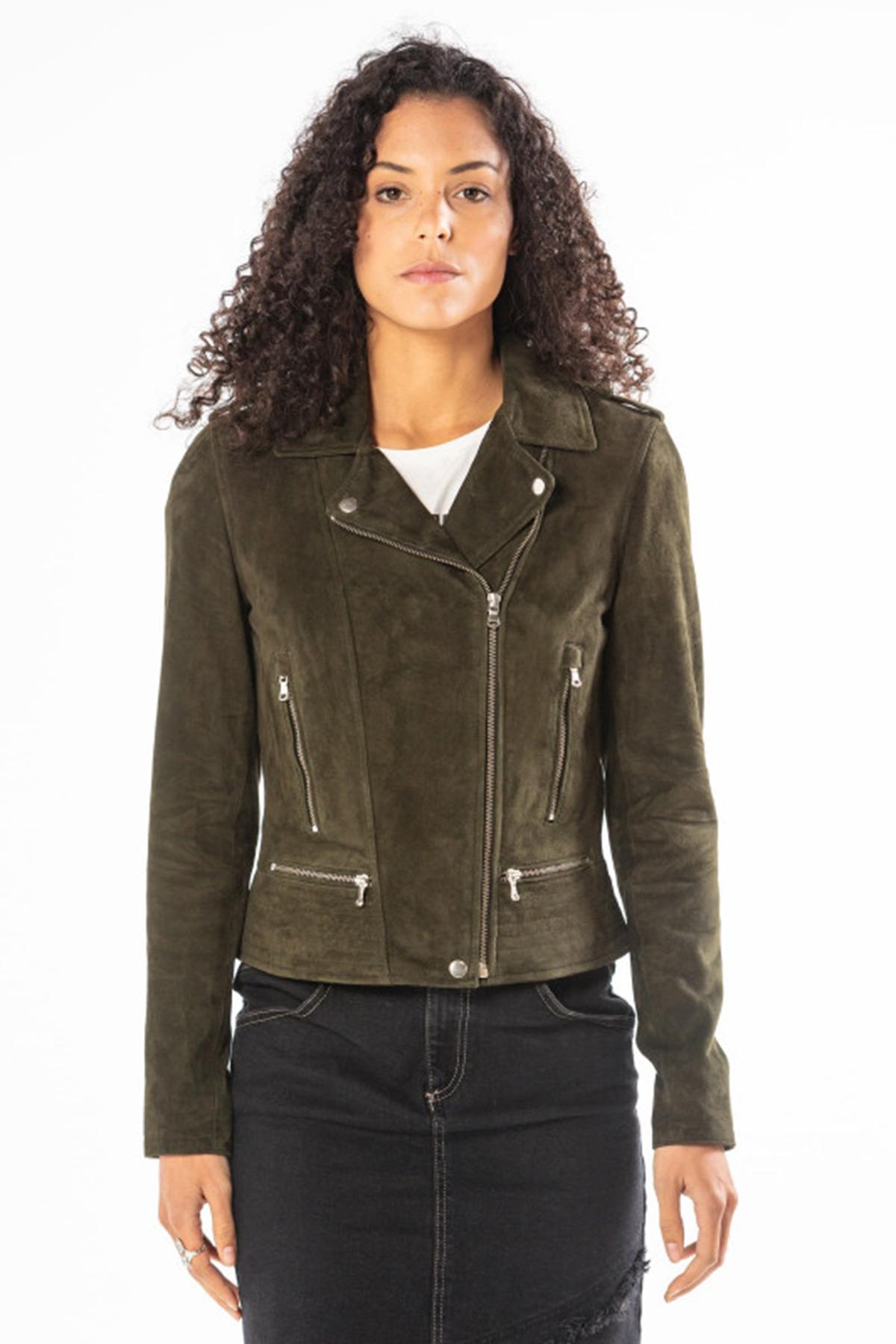 Perfecto type jacket in khaki suede leather - Image n°3