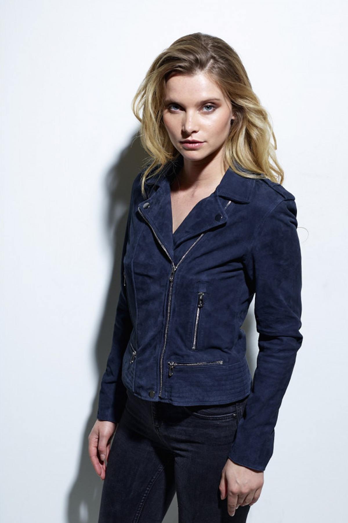 Navy blue velvet-look leather perfecto - Image n°1