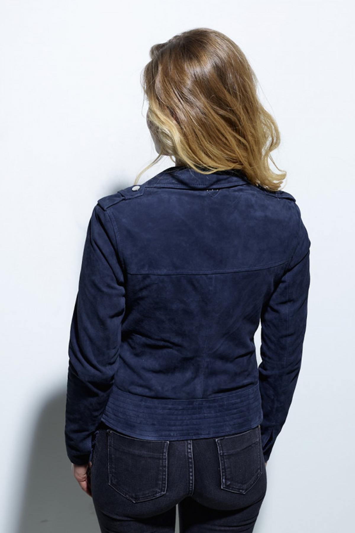 Navy blue velvet-look leather perfecto - Image n°6