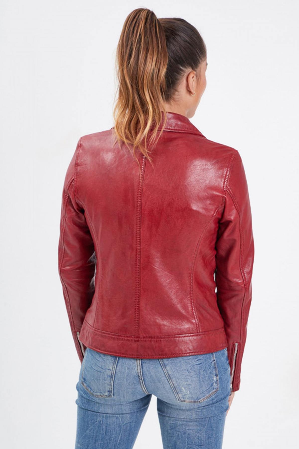 Women's Biker Jacket in shiny and waxed red leather - Image n°3