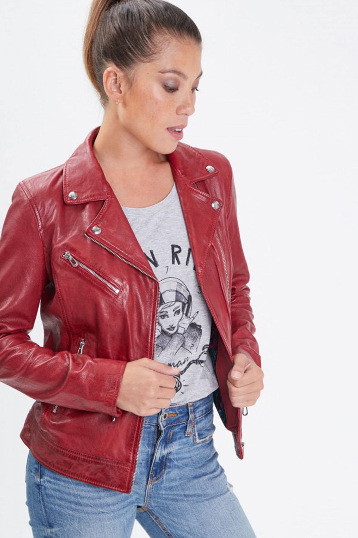 Women's Biker Jacket in shiny and waxed red leather - Image n°1