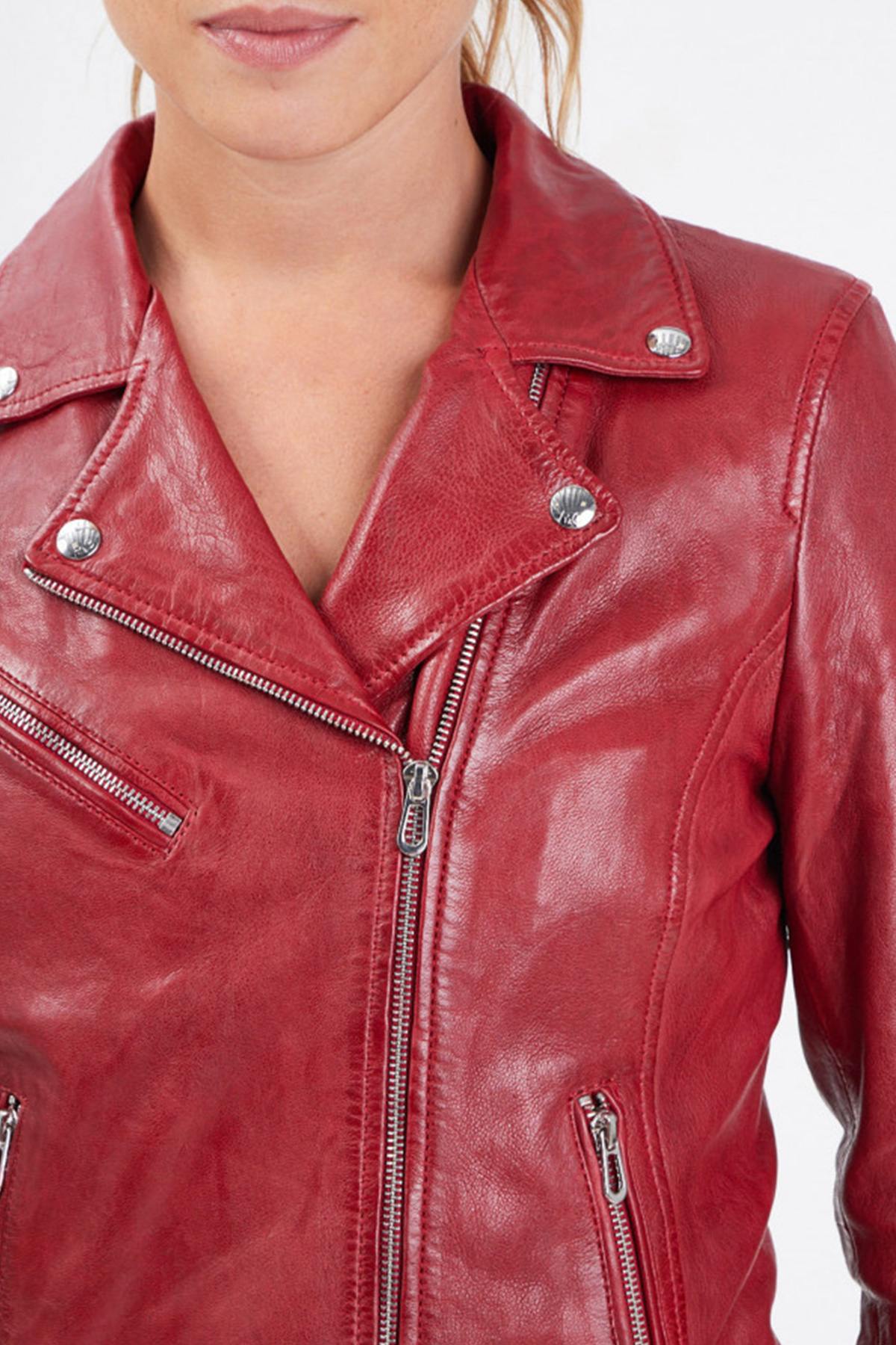 Women's Biker Jacket in shiny and waxed red leather - Image n°4