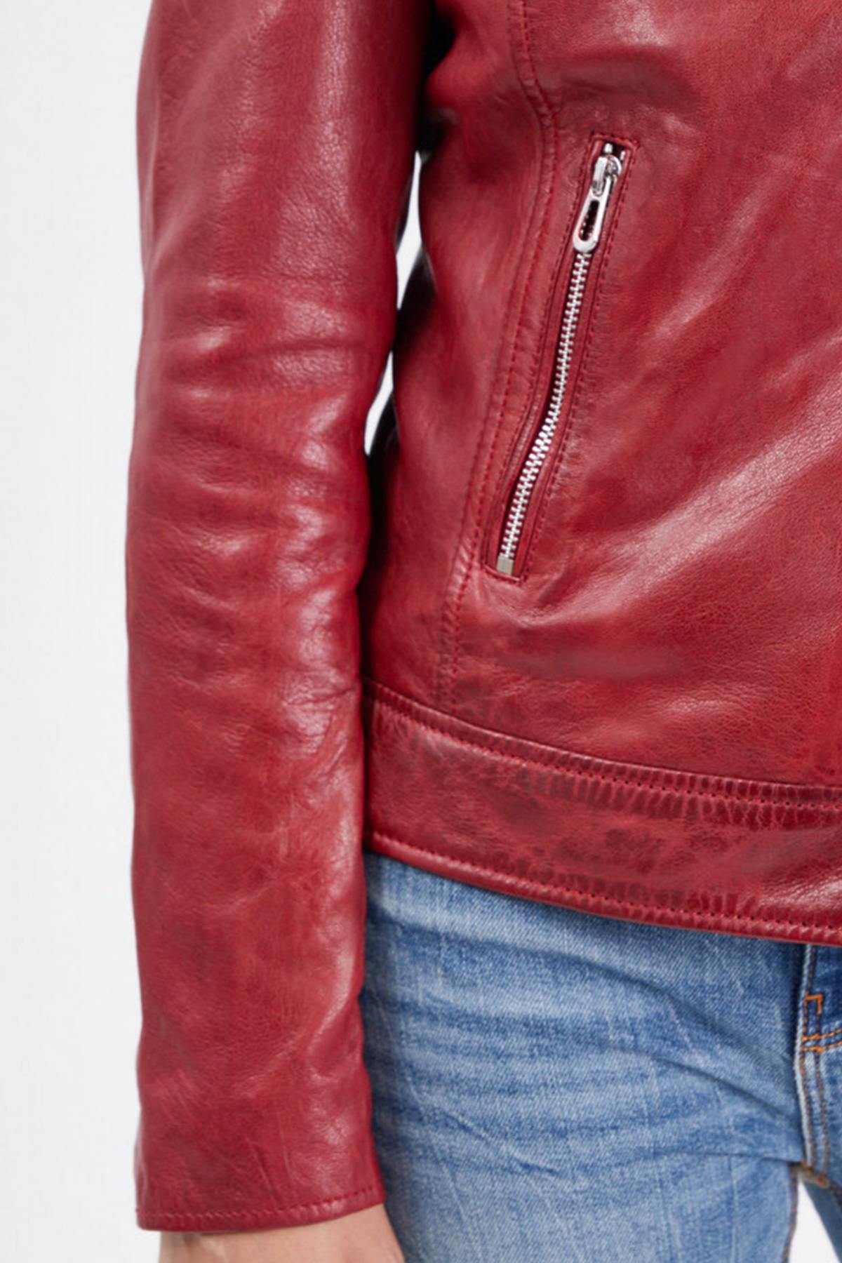 Women's Biker Jacket in shiny and waxed red leather - Image n°5