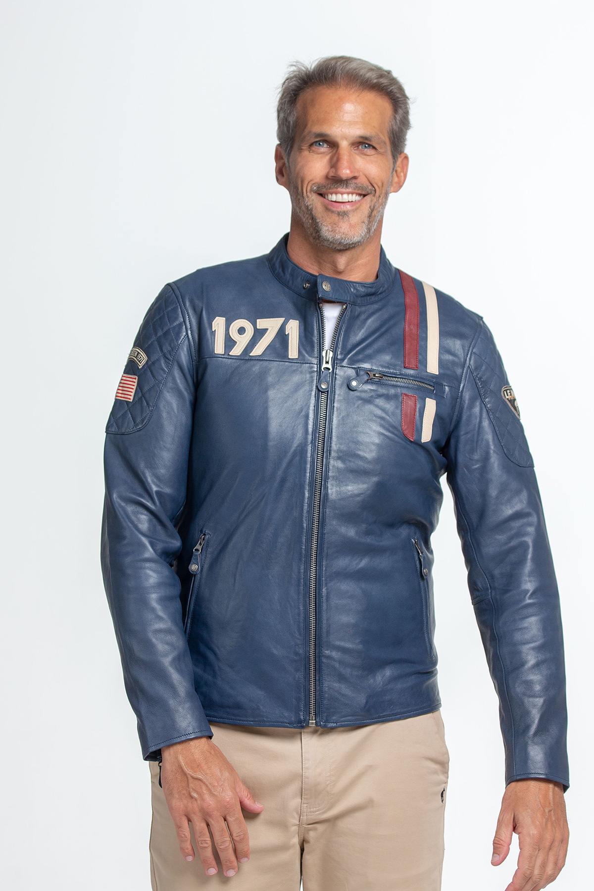 Steve McQueen blue leather racer jacket - Image n°1