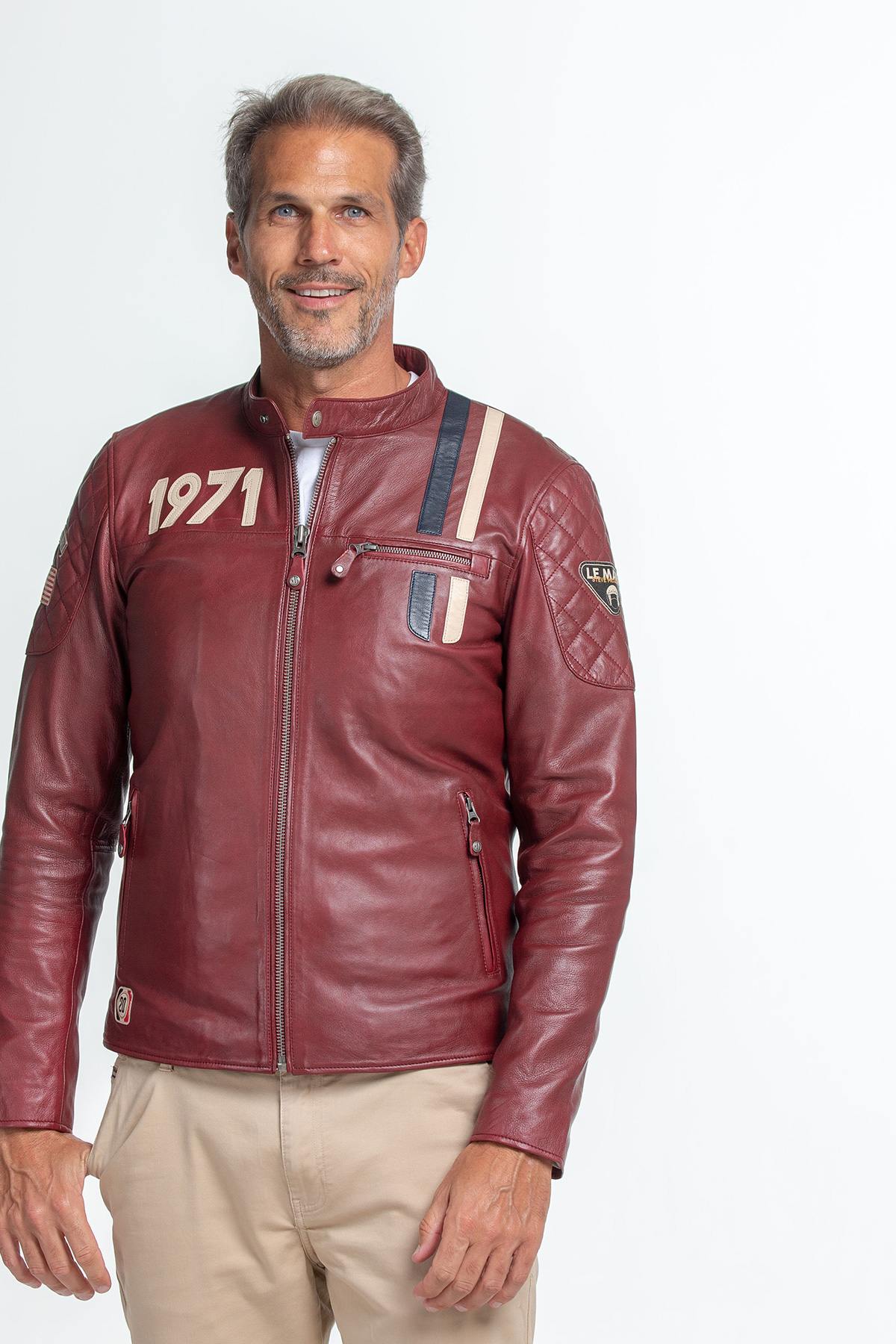 Red “Steve McQueen” leather jacket with mandarin collar - Image n°5