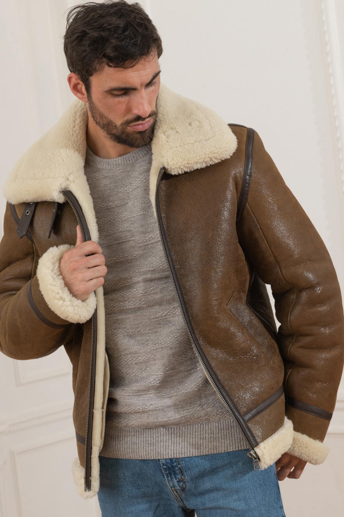 Men's bomber jacket in shearling - Image n°1