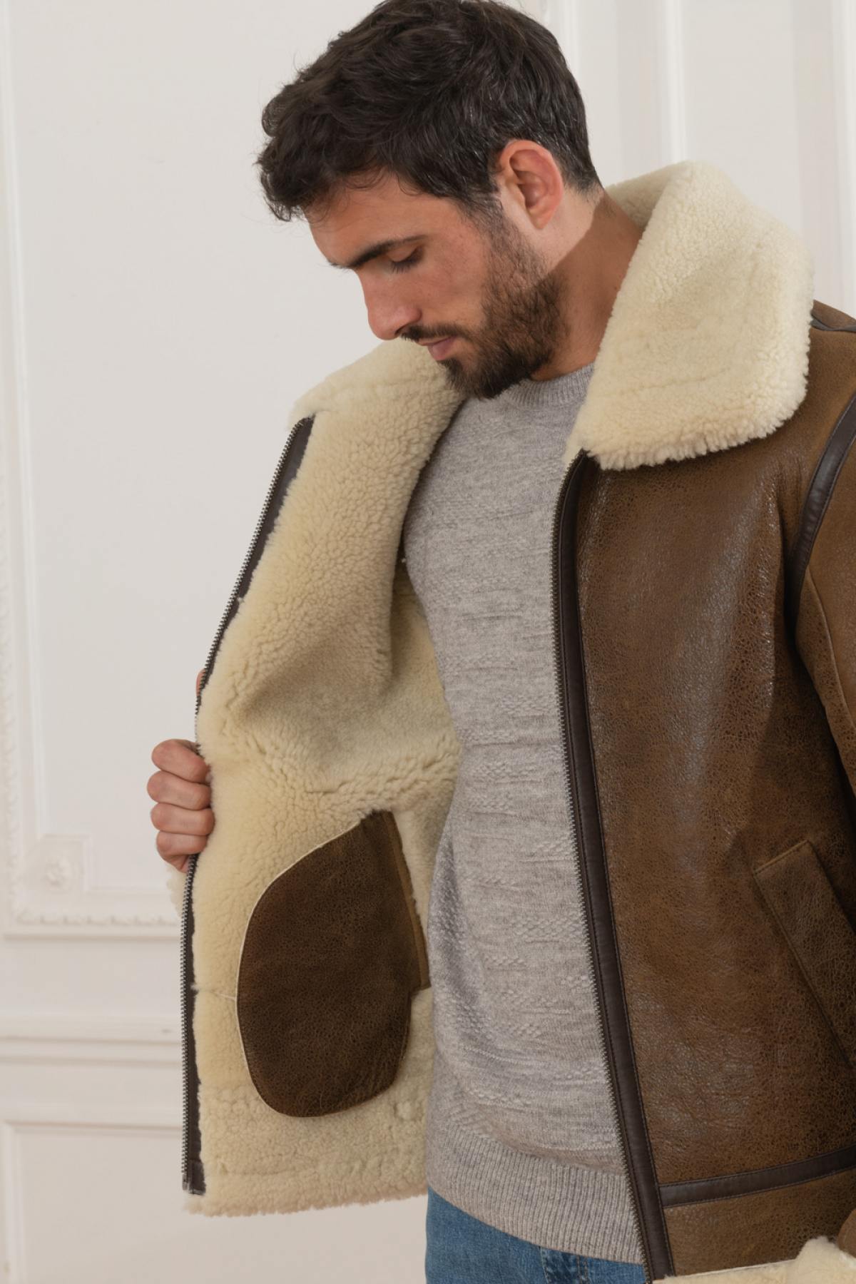 Men's bomber jacket in shearling - Image n°3