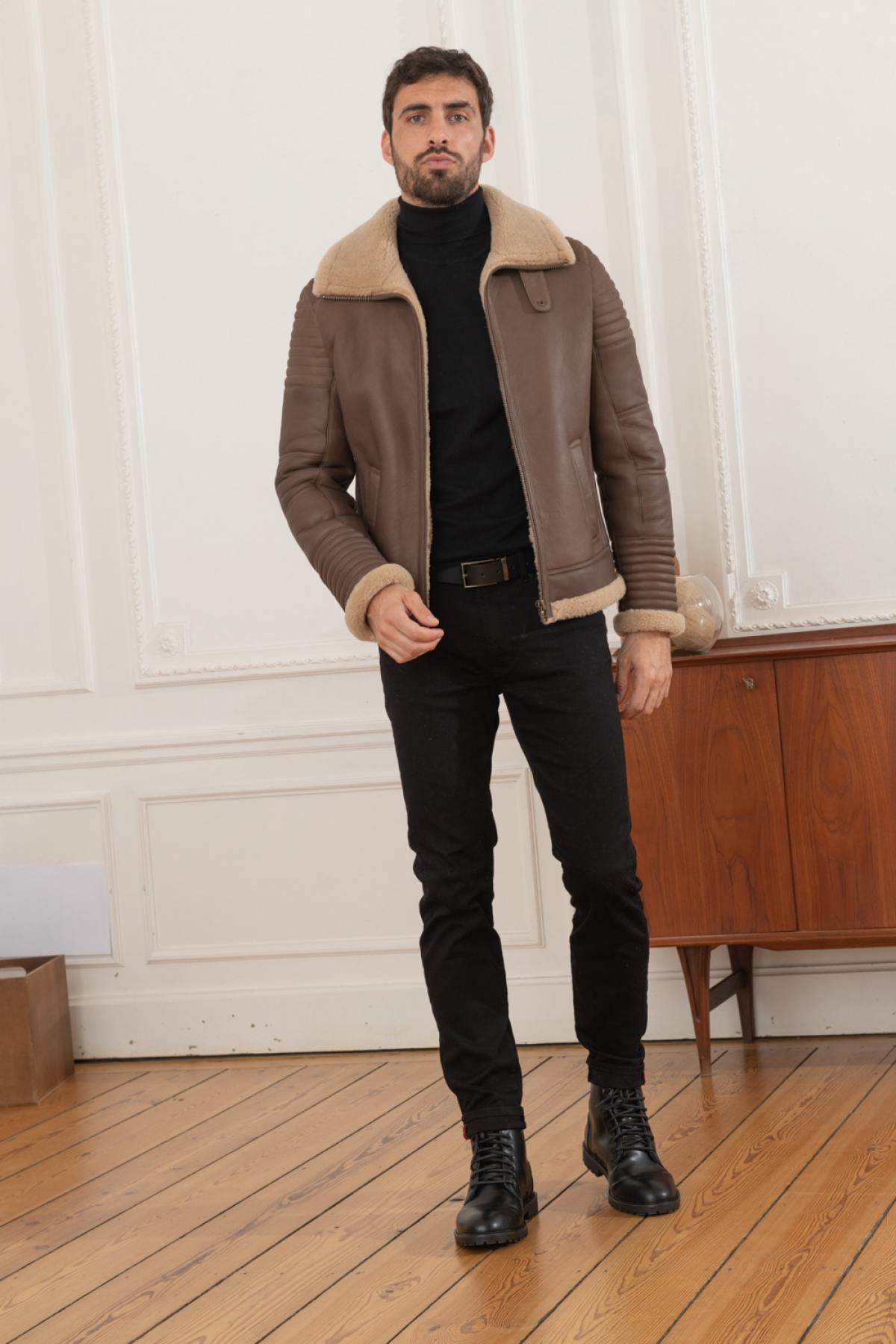 Chic brown shearling bomber jacket - Image n°3