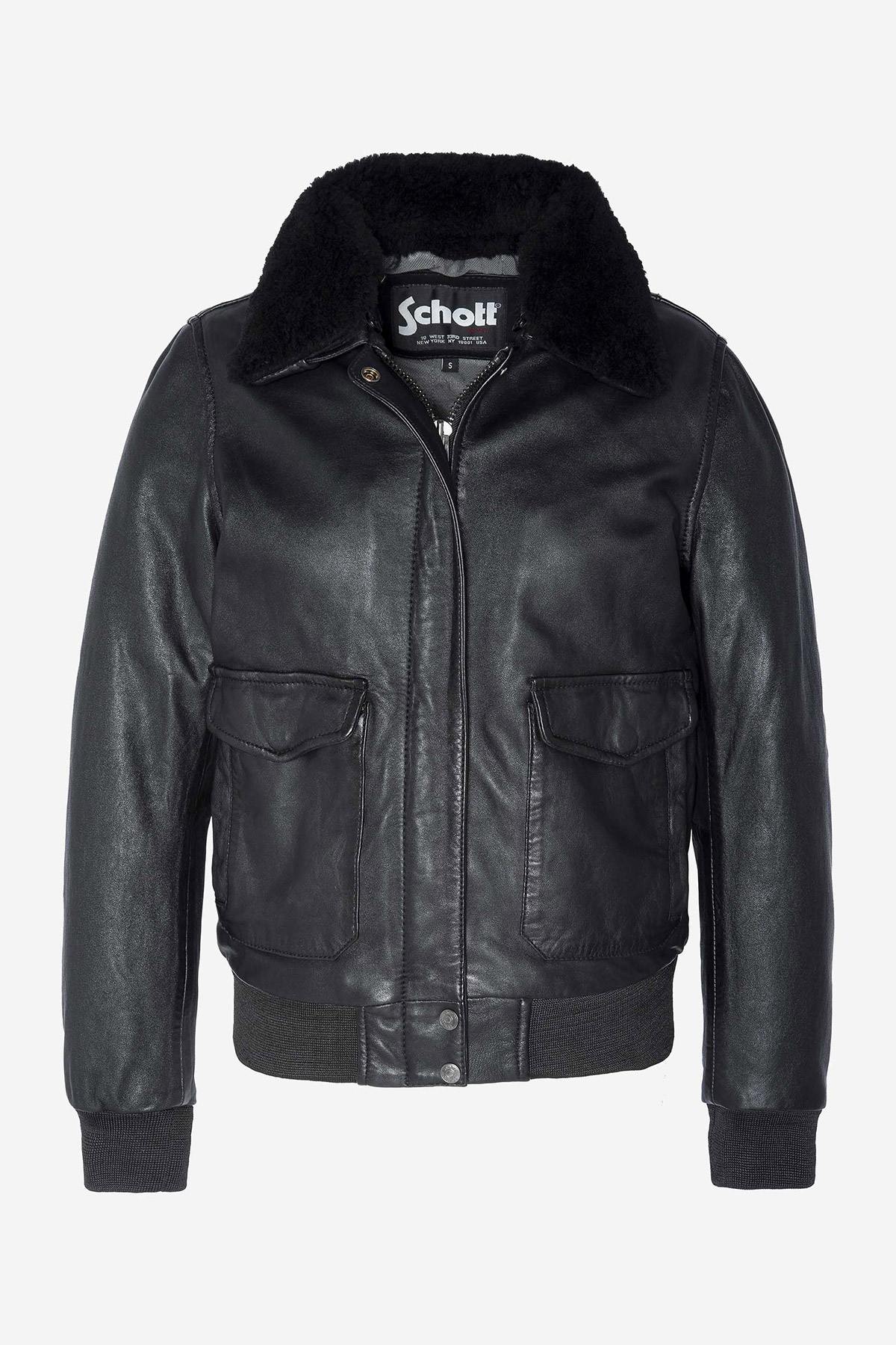 Black genuine leather pilot jacket with removable fur-lined collar - Image n°3