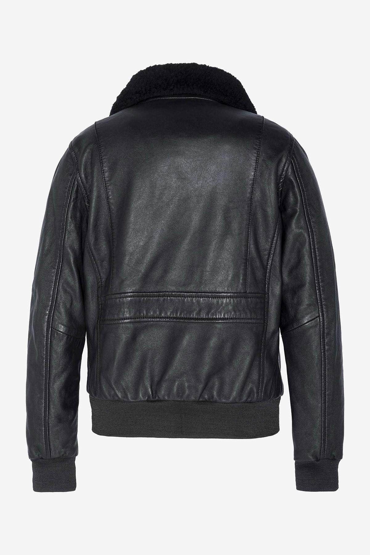 Black genuine leather pilot jacket with removable fur-lined collar - Image n°6