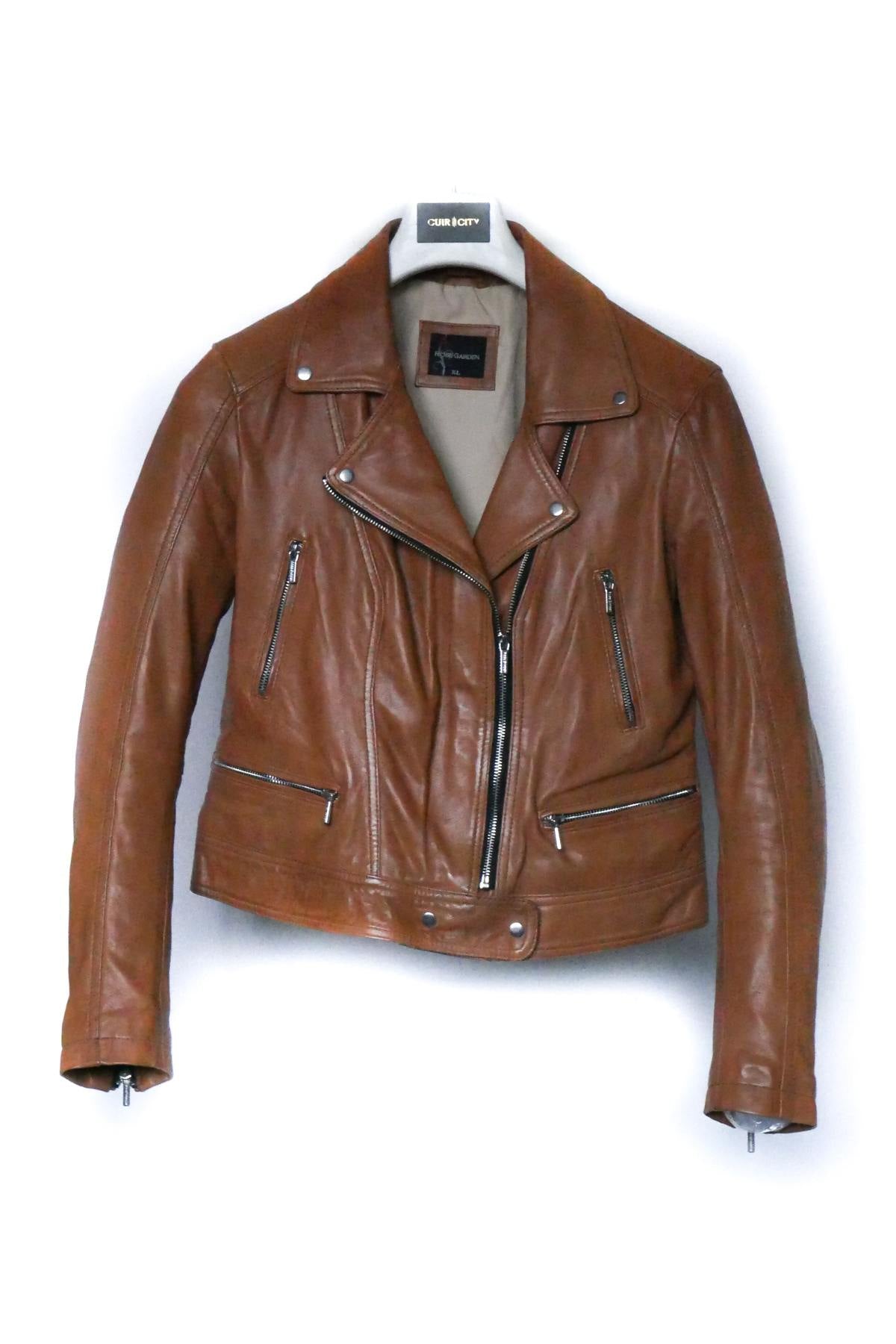 Women's Biker Jacket in cognac lambskin - Image n°1