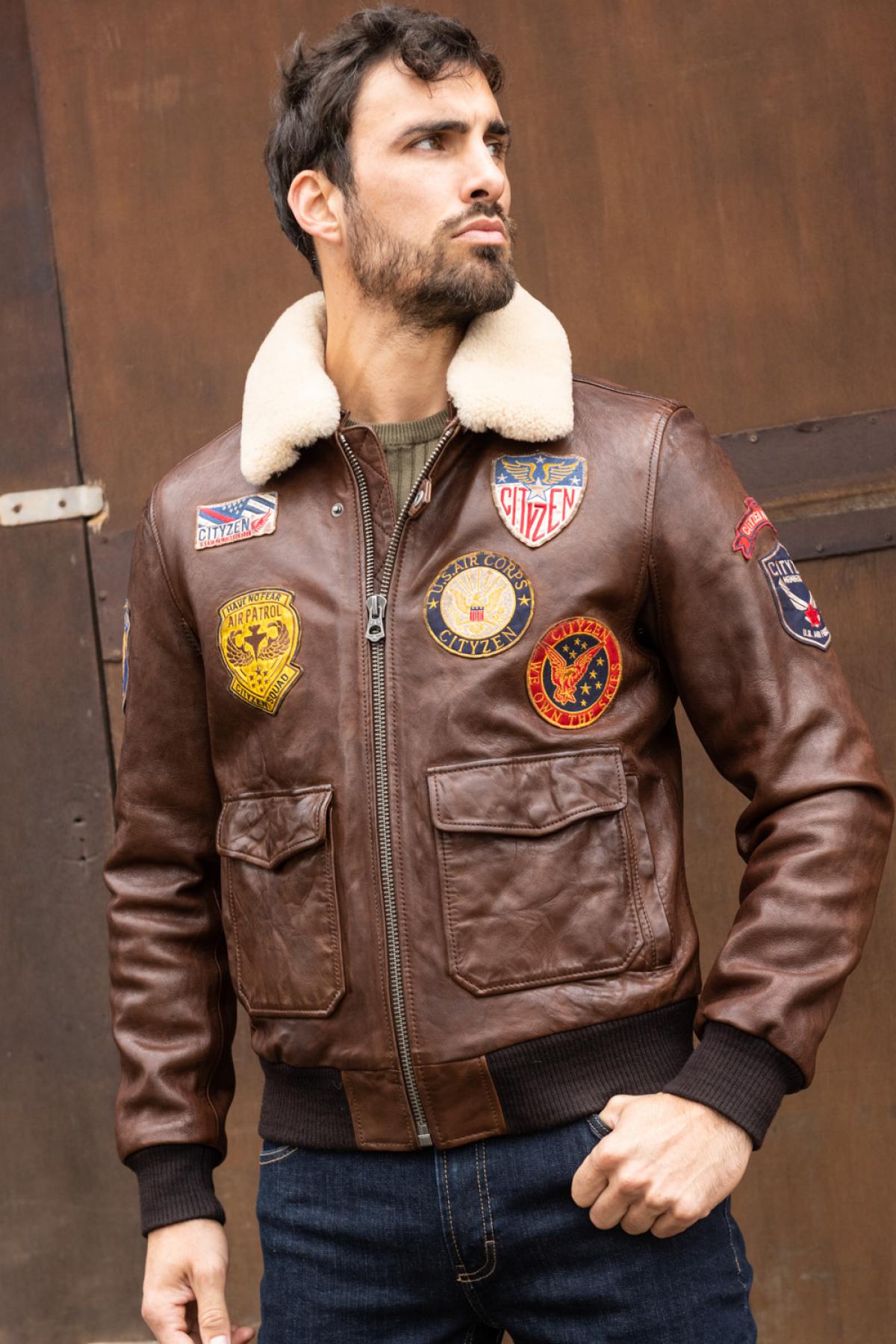 Cognac sheepskin leather aviator - Image n°2