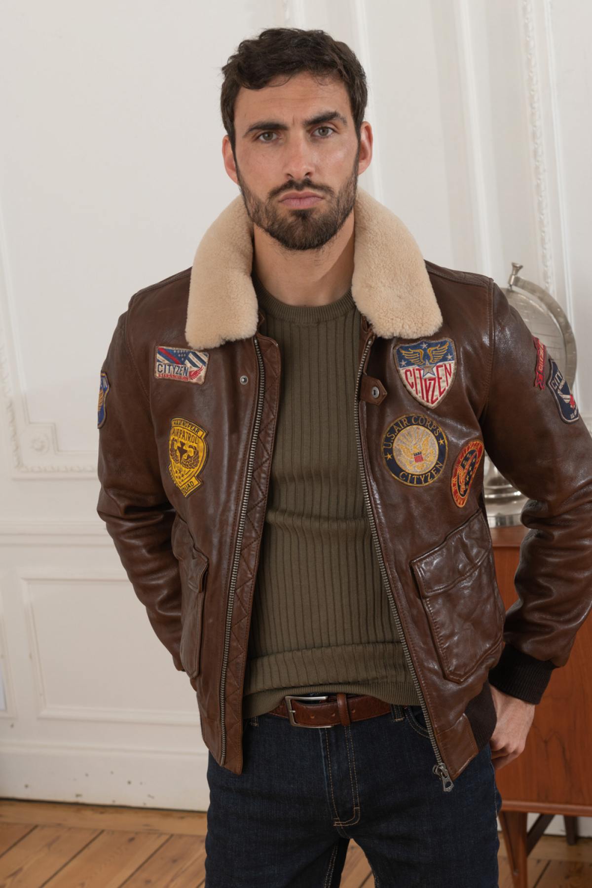 Cognac sheepskin leather aviator - Image n°1