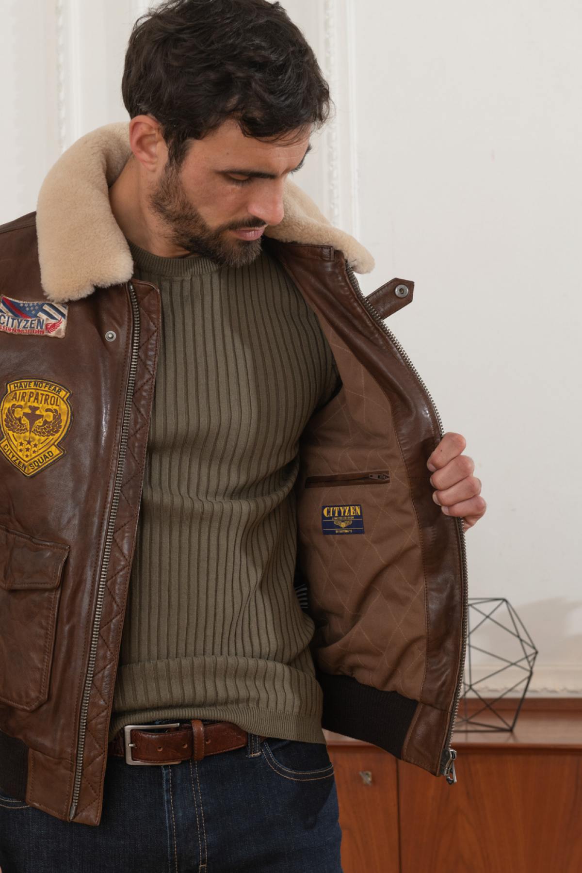 Cognac sheepskin leather aviator - Image n°4