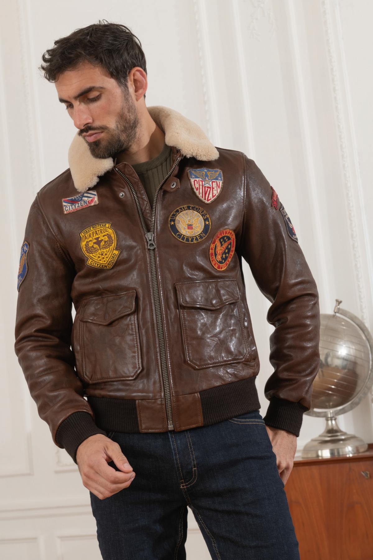 Cognac sheepskin leather aviator - Image n°3