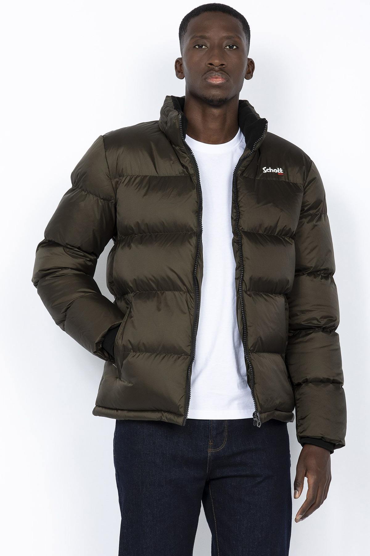 Khaki down jacket with fleece collar and hood - Image n°1