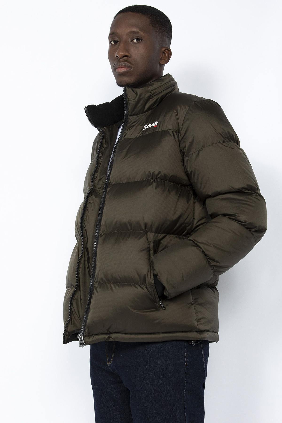 Khaki down jacket with fleece collar and hood - Image n°2