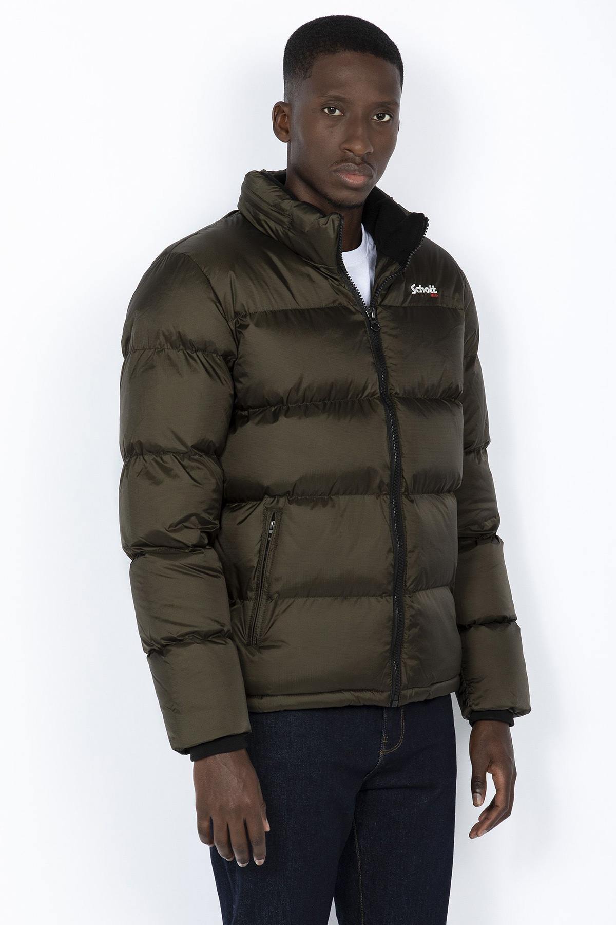 Khaki down jacket with fleece collar and hood - Image n°3