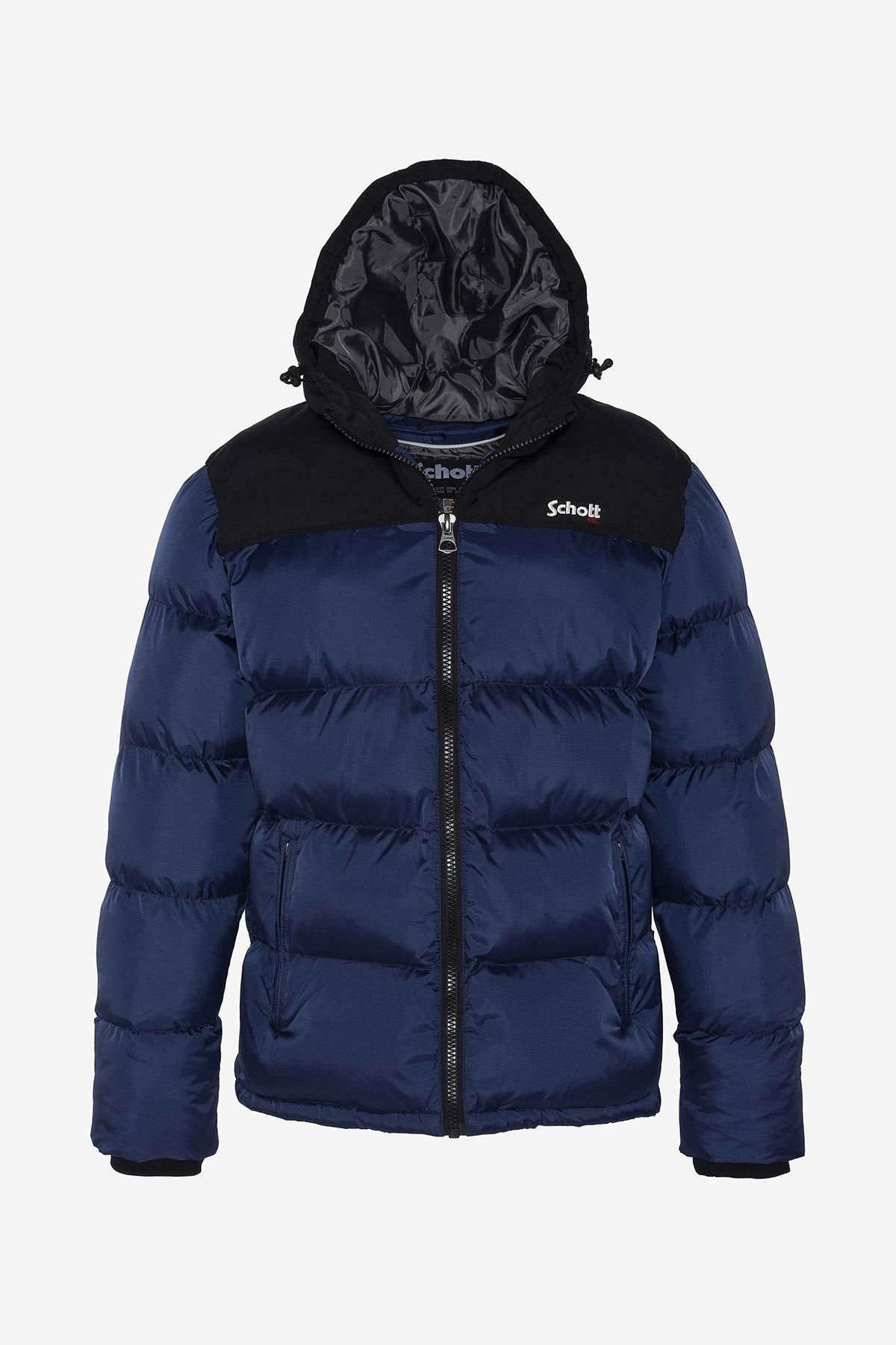 Navy blue quilted down jacket with hood - Image n°1