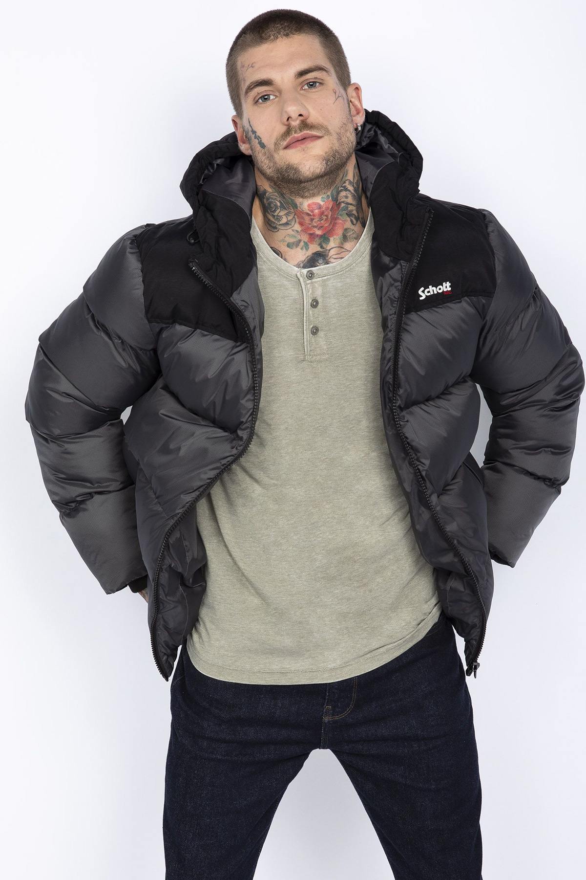 Two-tone gray and black hooded down jacket - Image n°1