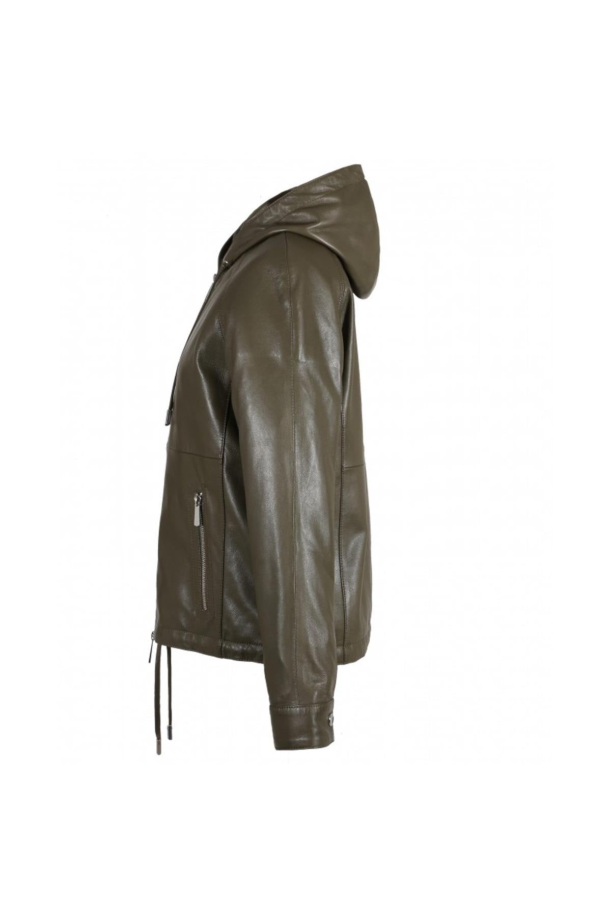 Hooded khaki sheepskin leather jacket - Image n°6