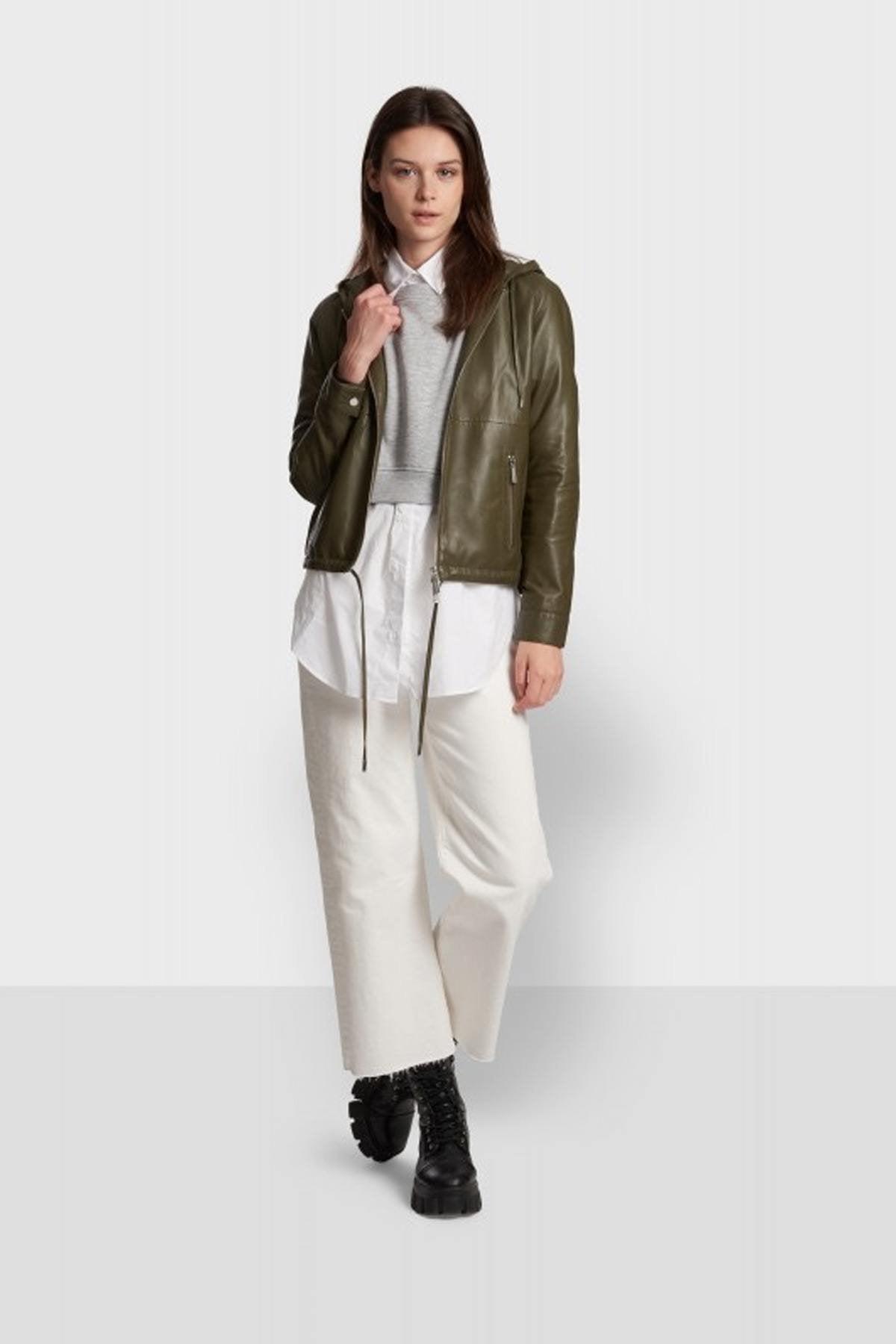 Hooded khaki sheepskin leather jacket - Image n°3