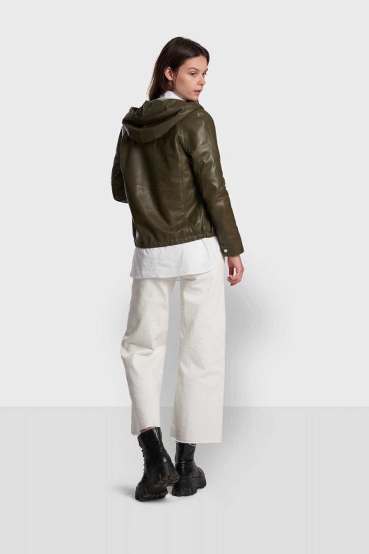 Hooded khaki sheepskin leather jacket - Image n°4