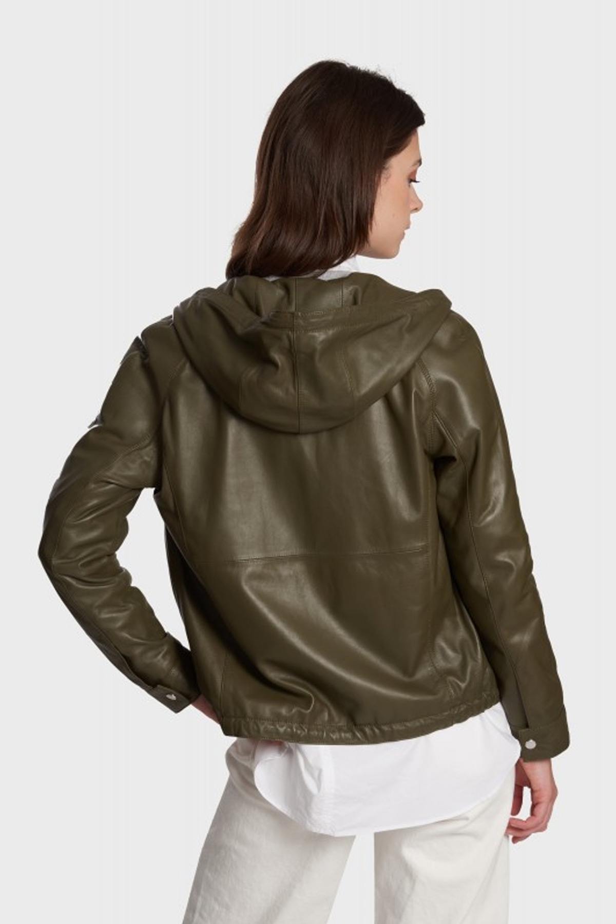 Hooded khaki sheepskin leather jacket - Image n°2