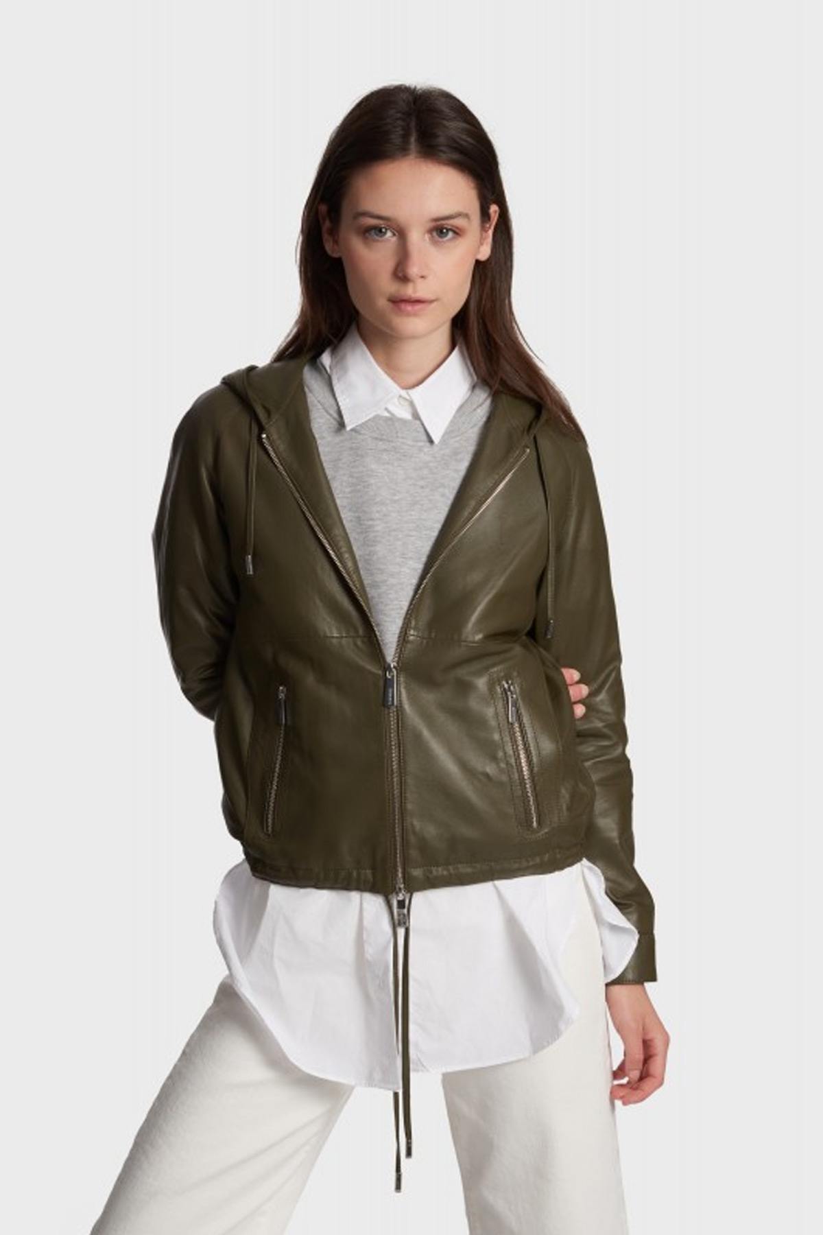 Hooded khaki sheepskin leather jacket - Image n°1