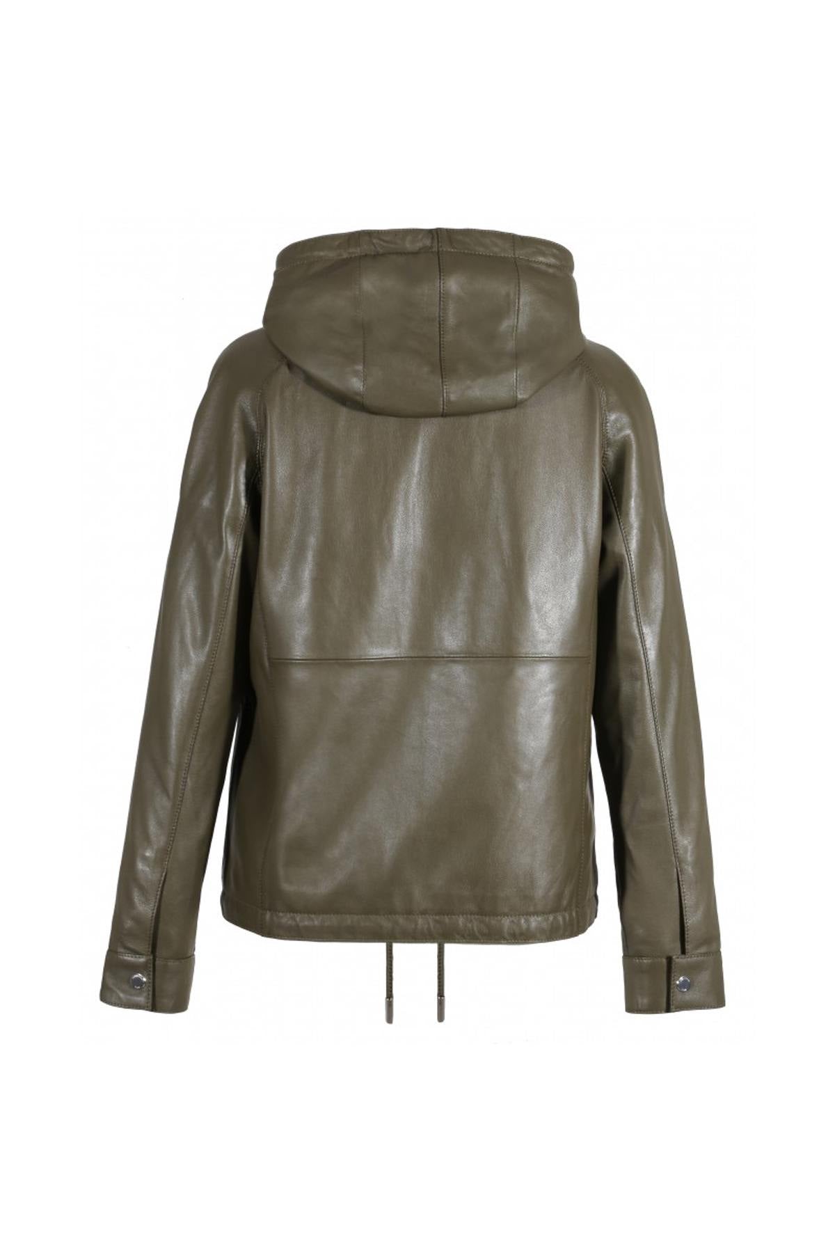 Hooded khaki sheepskin leather jacket - Image n°7