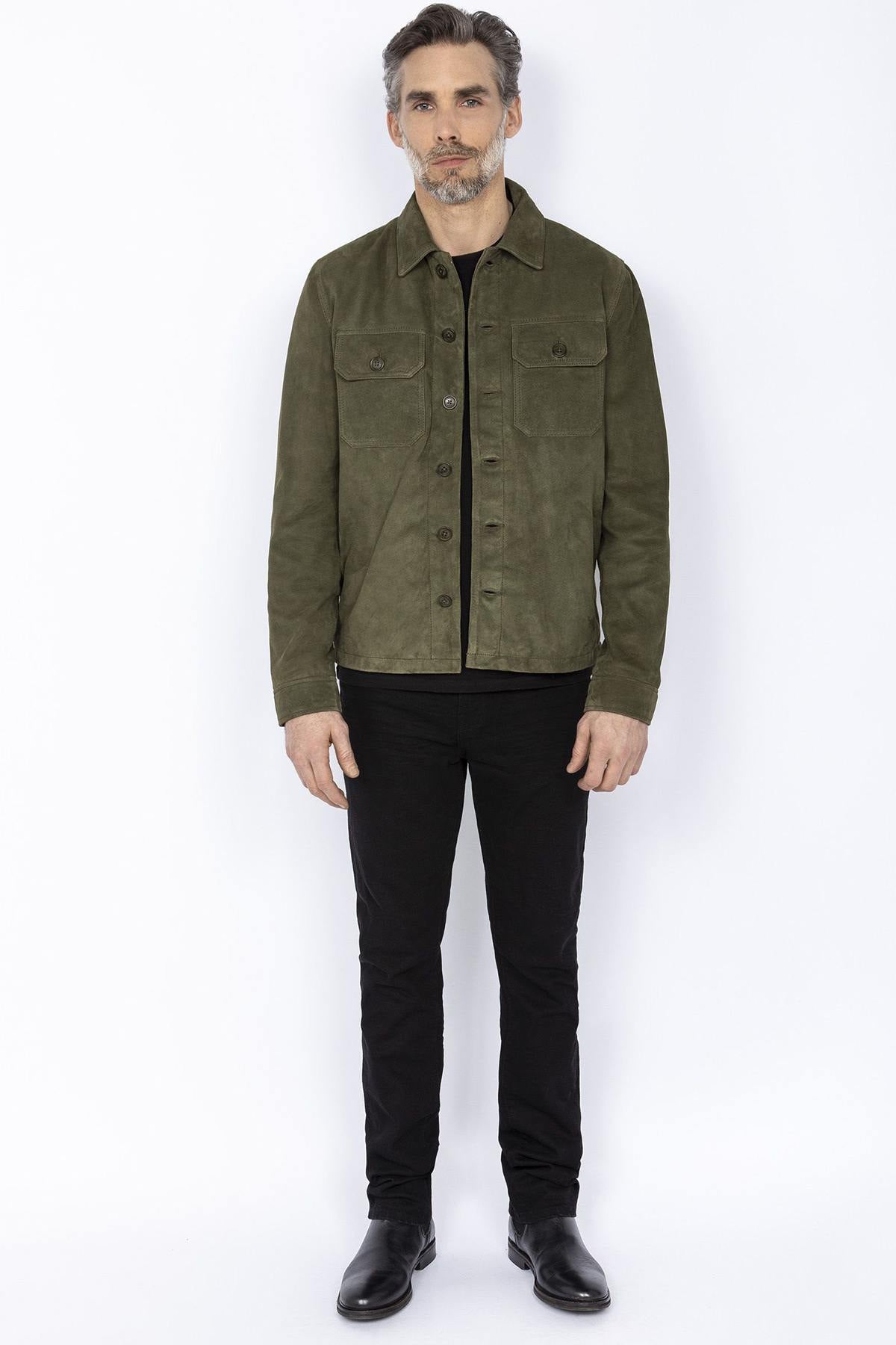 Khaki suede leather overshirt - Image n°3