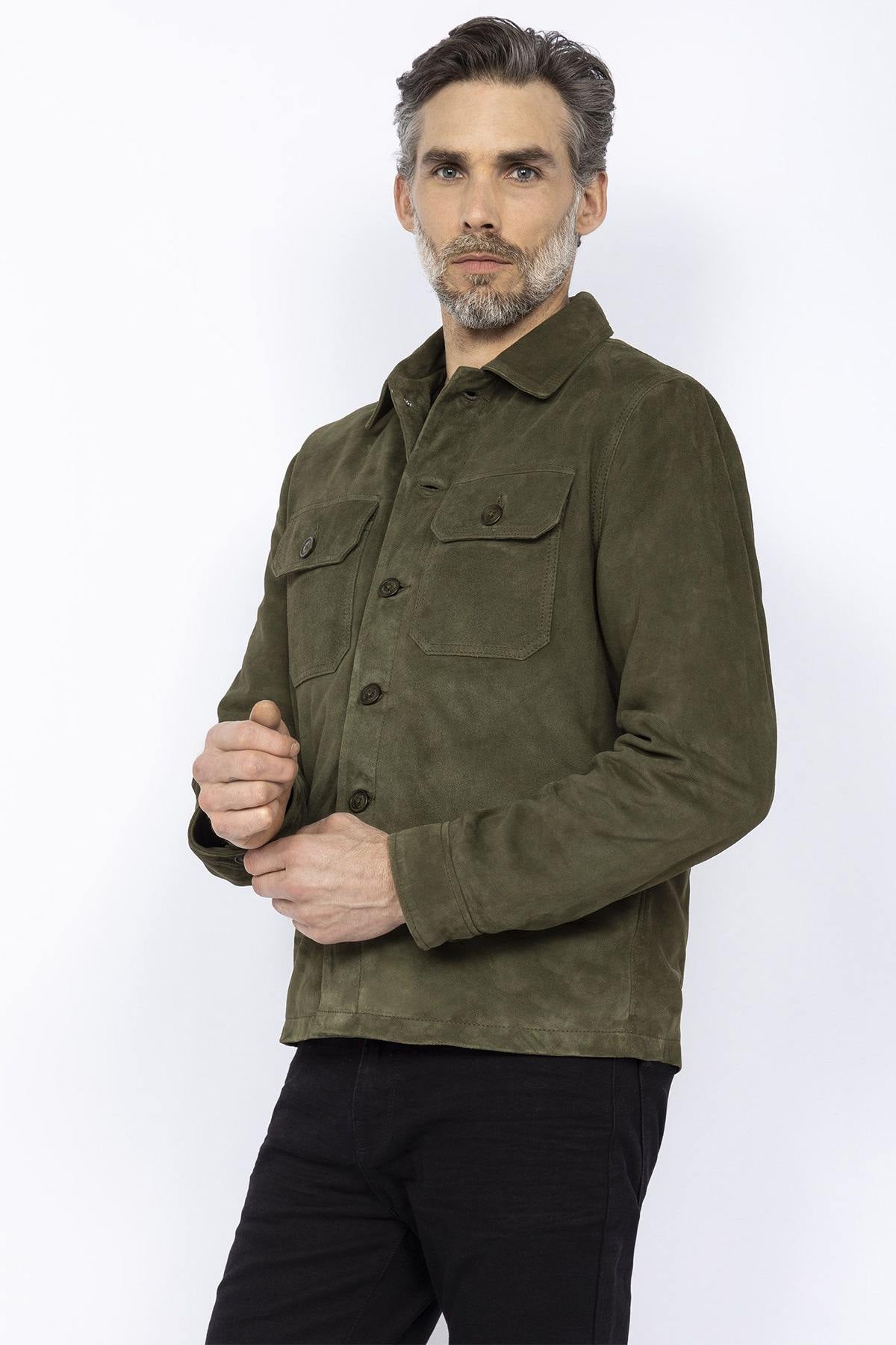 Khaki suede leather overshirt - Image n°1