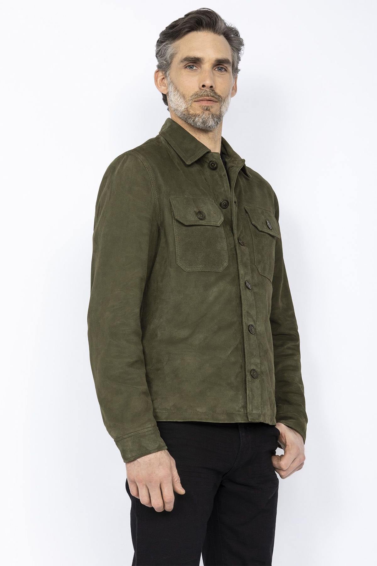 Khaki suede leather overshirt - Image n°4