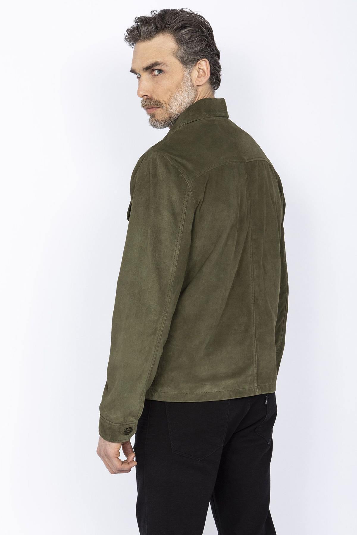 Khaki suede leather overshirt - Image n°5