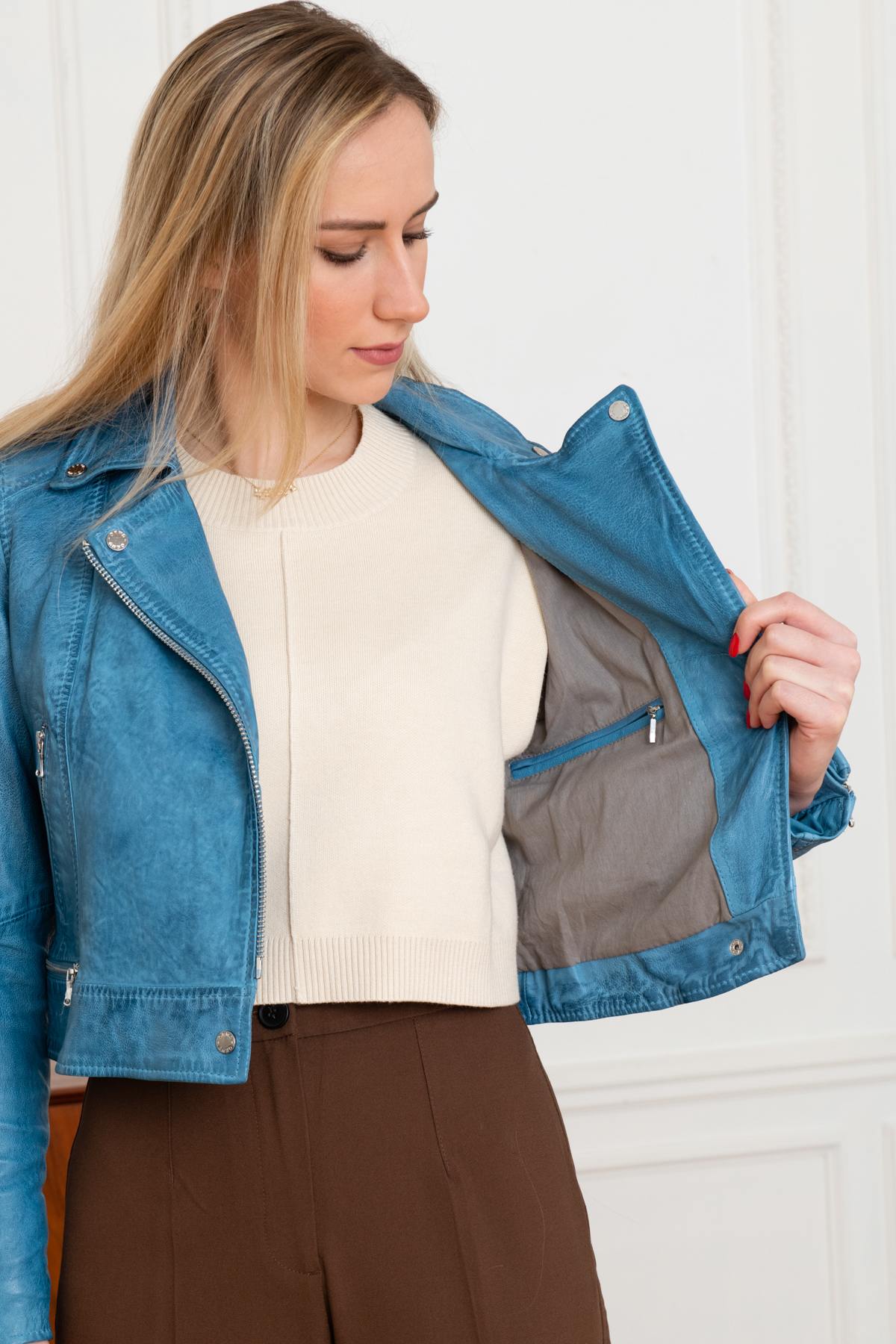 Short blue leather Biker Jacket - Image n°4