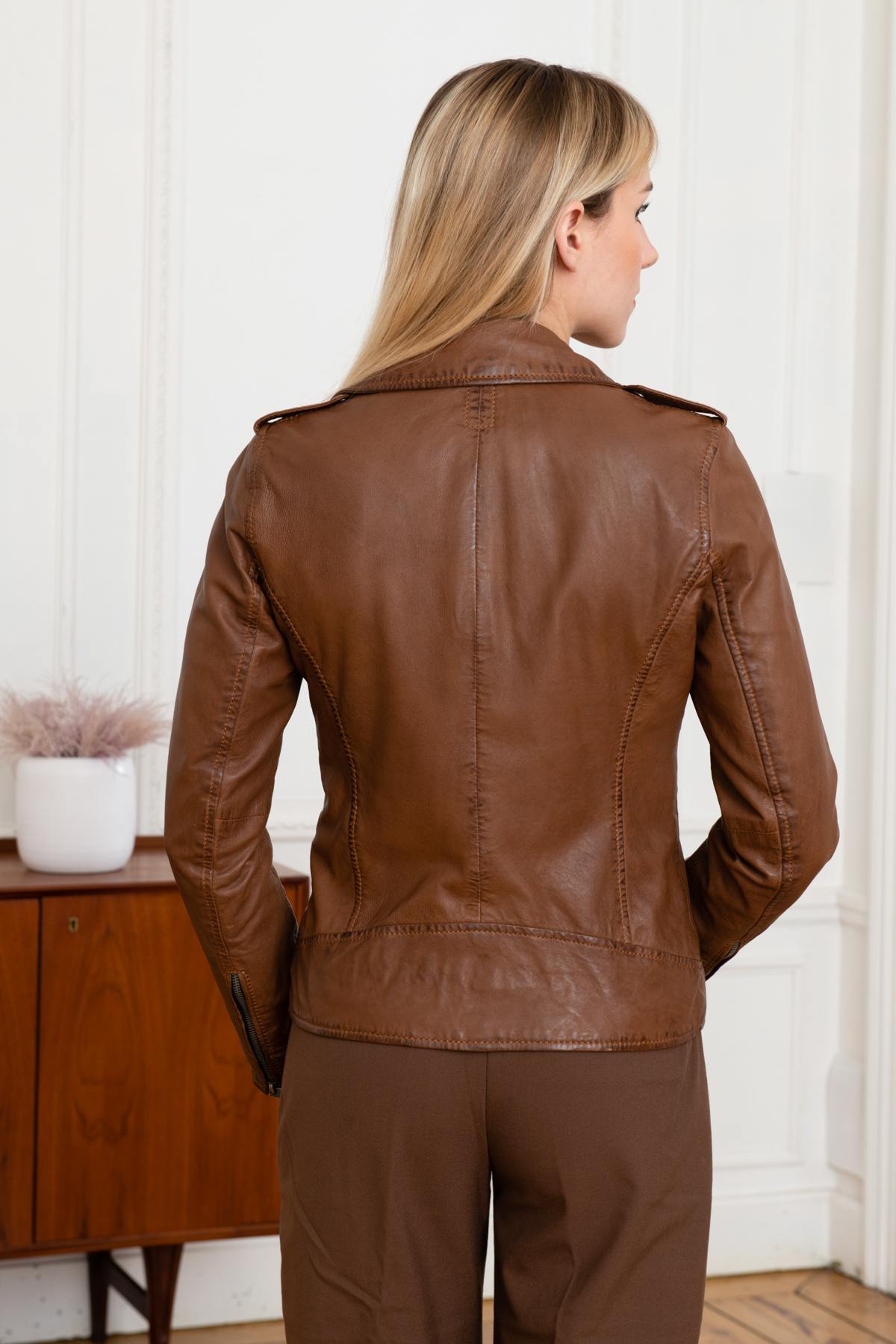 Brown Biker style leather jacket - Image n°4