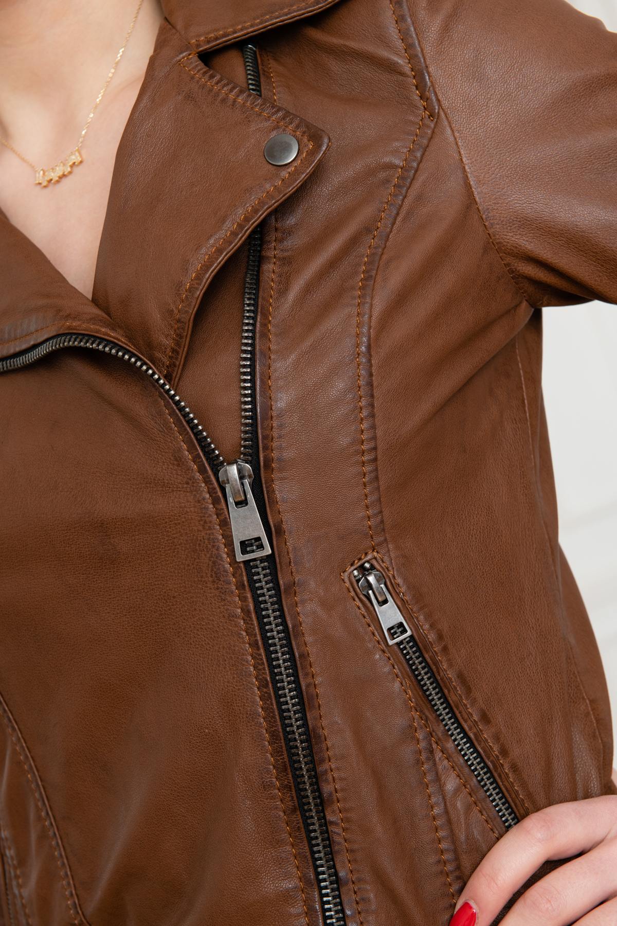 Brown perfecto style leather jacket - Image n°8