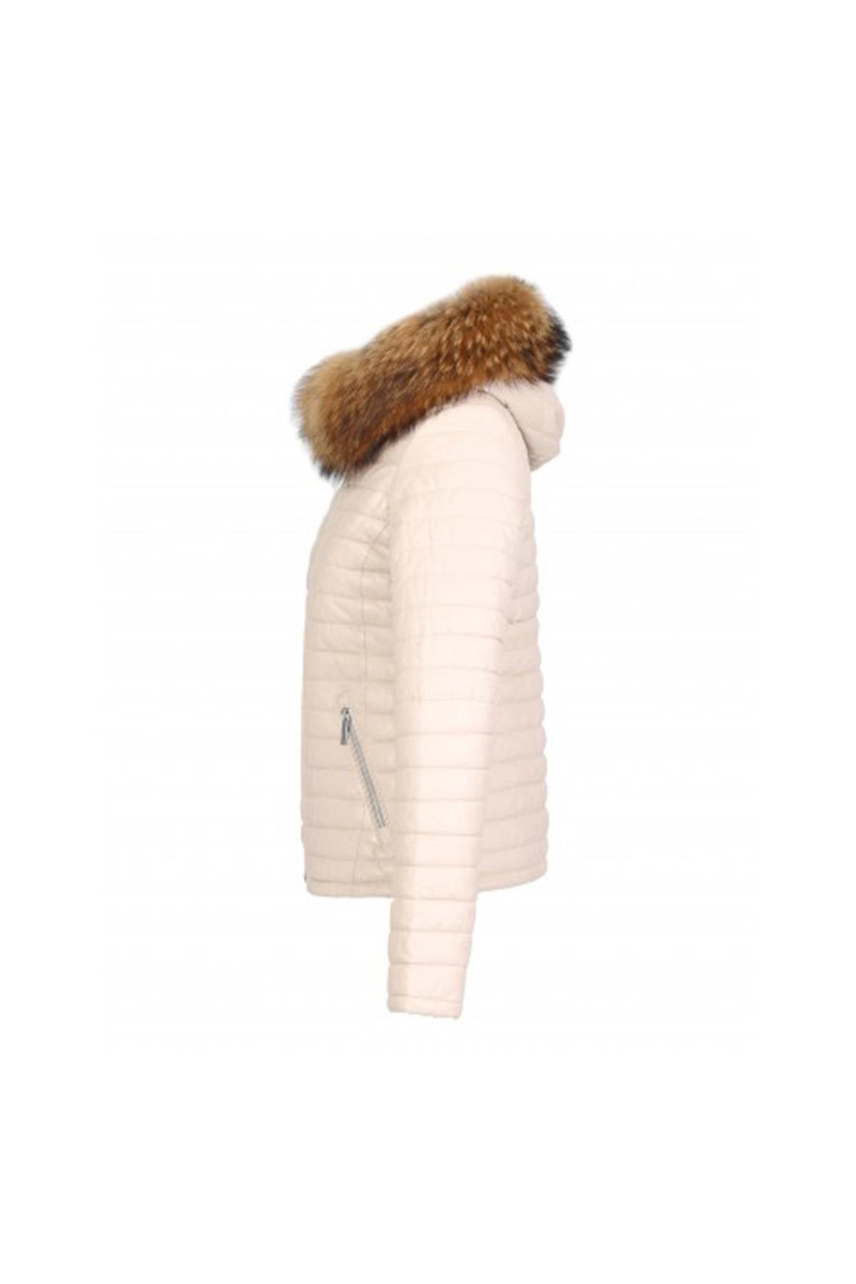 Leather sportswear down jacket with fur-lined hood - Image n°11