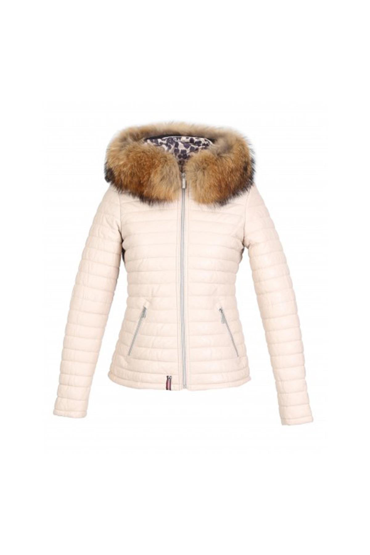 Leather sportswear down jacket with fur-lined hood - Image n°10