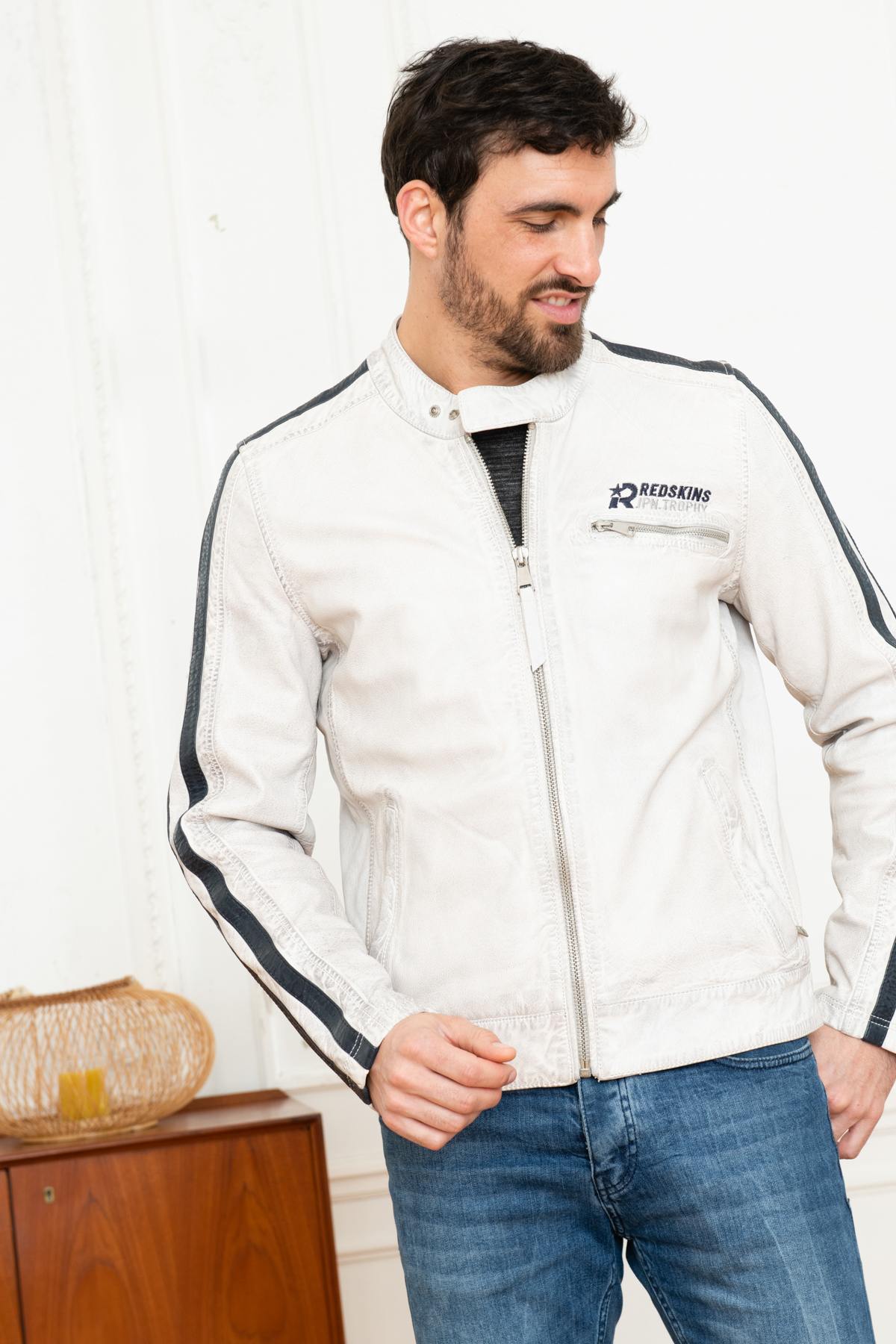 Blue racing-style leather jacket - Image n°2