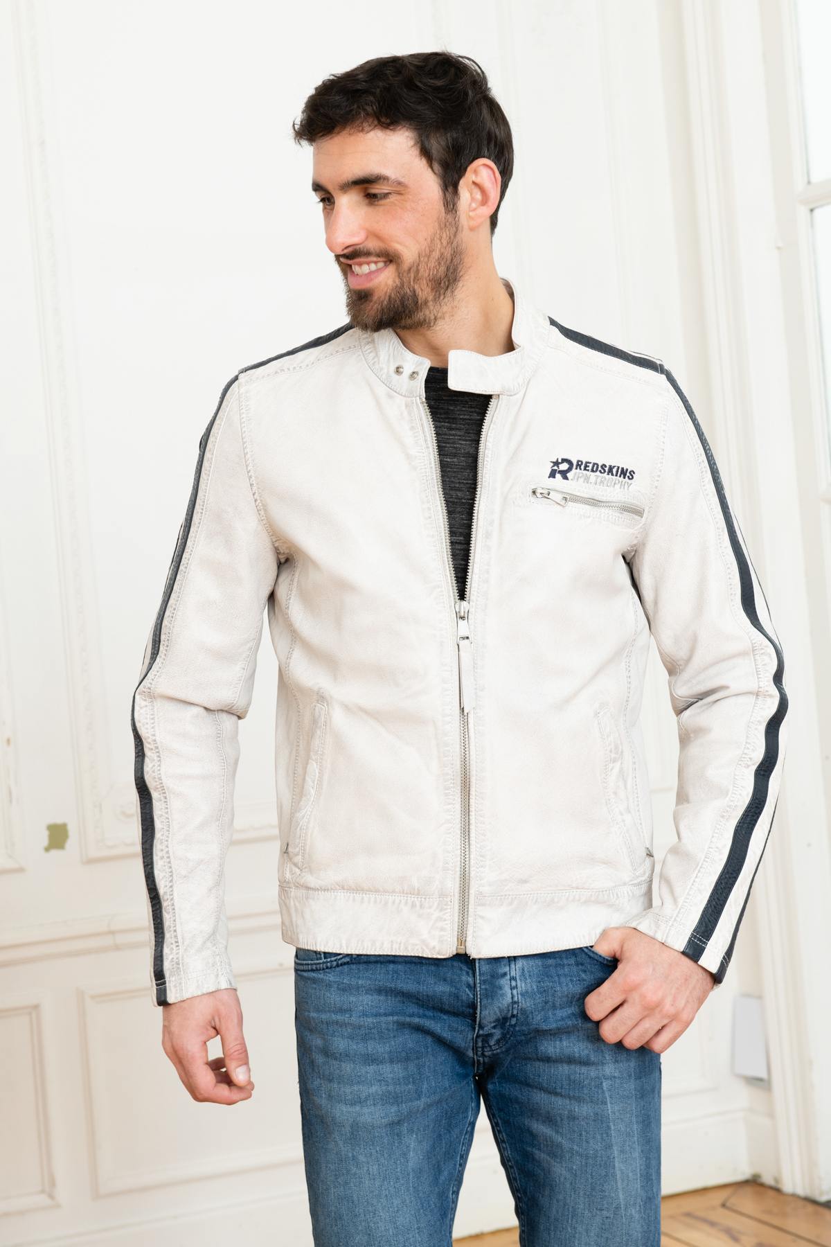 Blue racing-style leather jacket - Image n°7