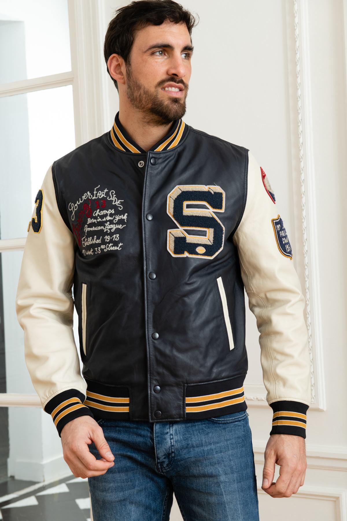 White and navy blue leather varsity teddy - Image n°2