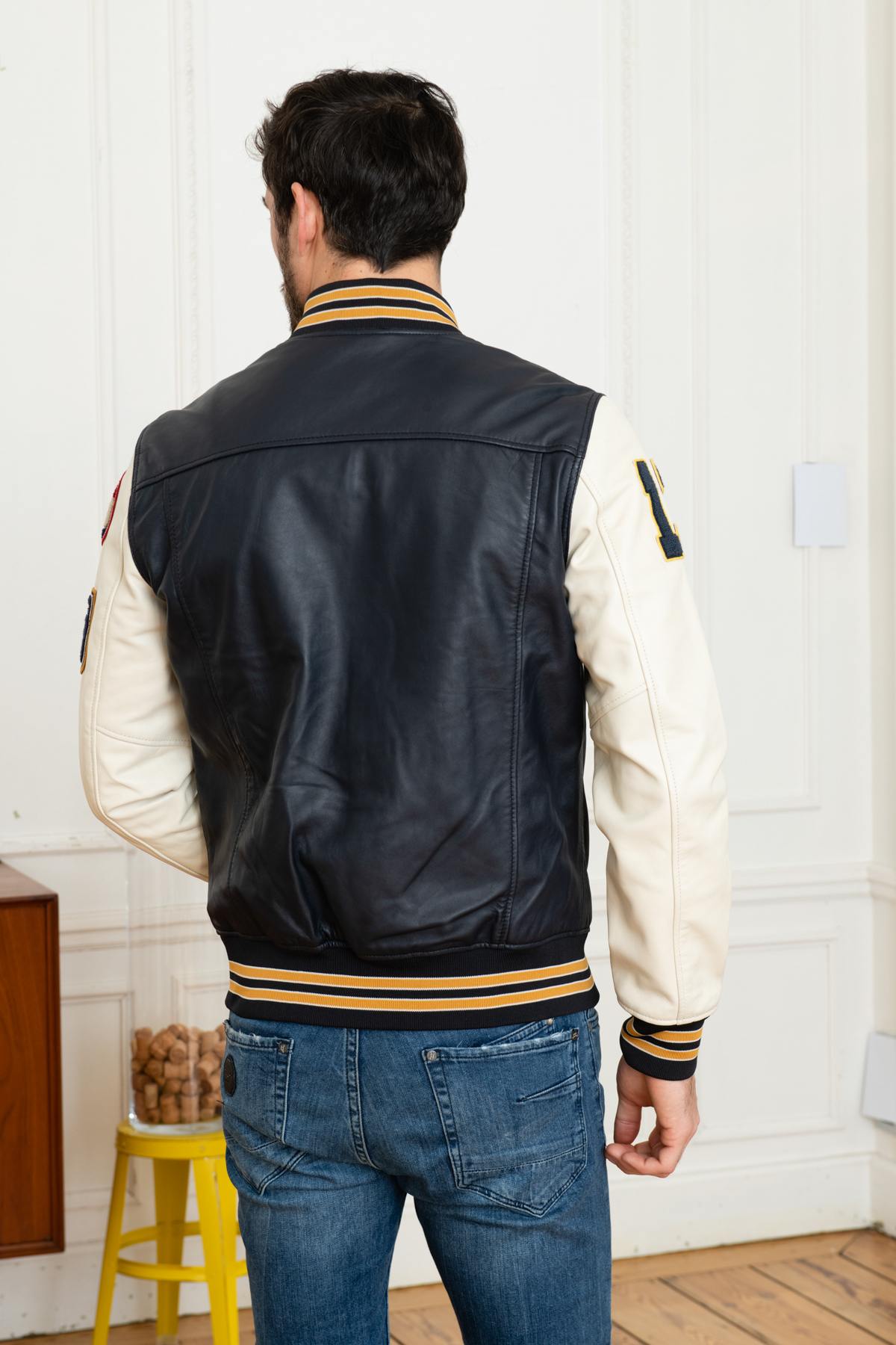 White and navy blue leather varsity teddy - Image n°5