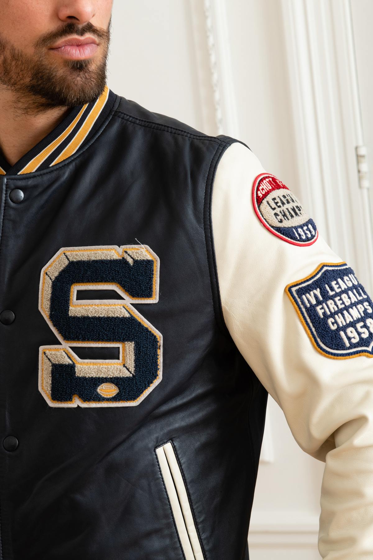 White and navy blue leather varsity teddy - Image n°6